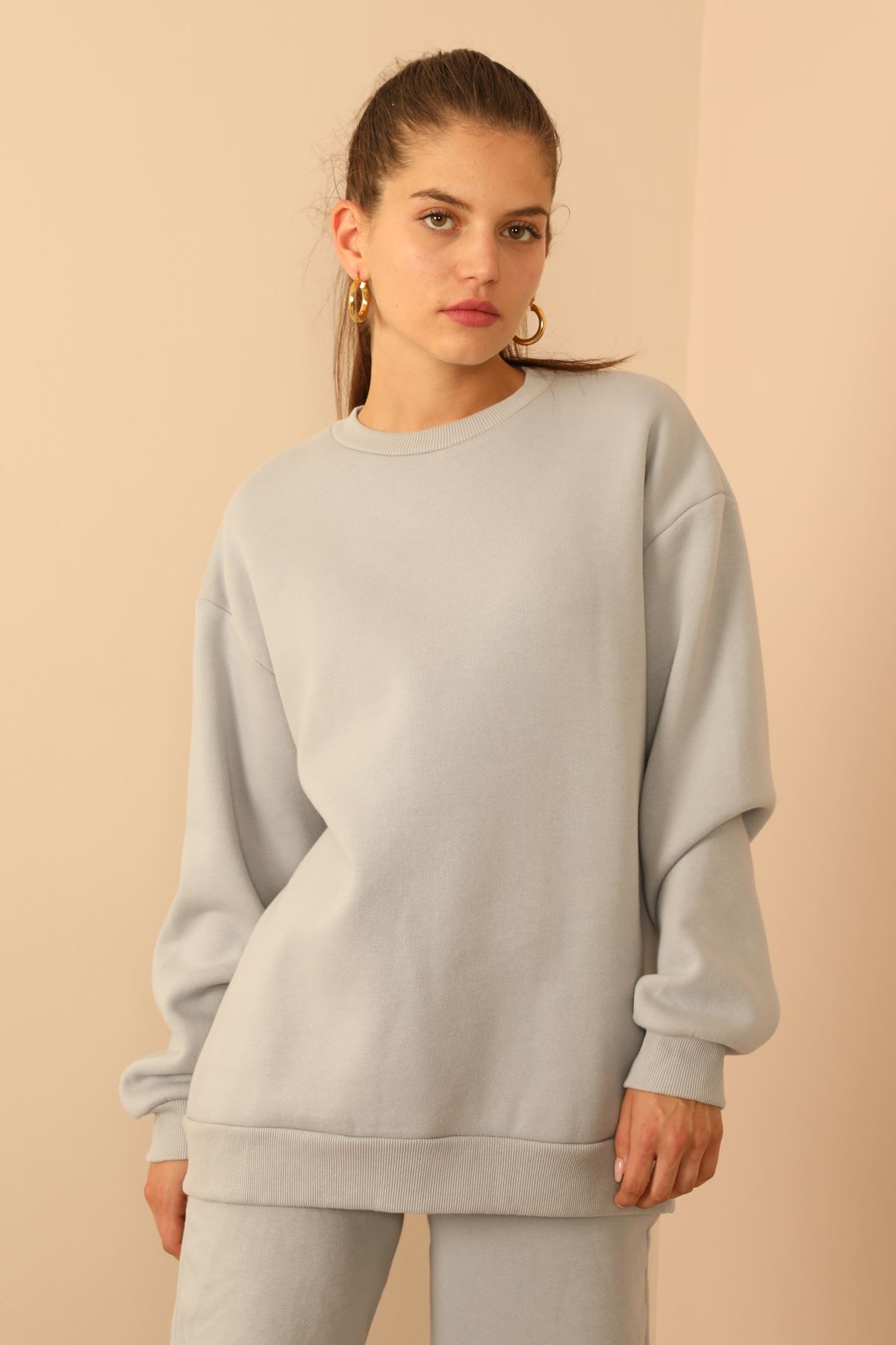 Third Knit With Wool İnside Fabric Long Sleeve Below Hip Women Sweatshirt - Grey