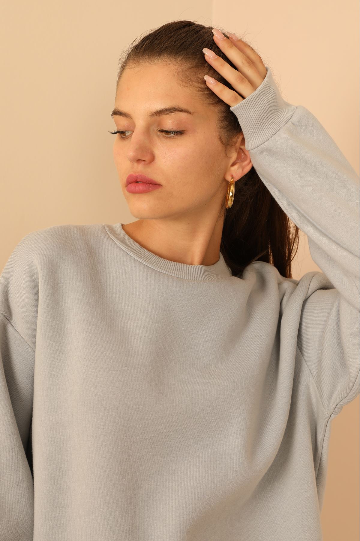 Third Knit With Wool İnside Fabric Long Sleeve Below Hip Women Sweatshirt - Grey
