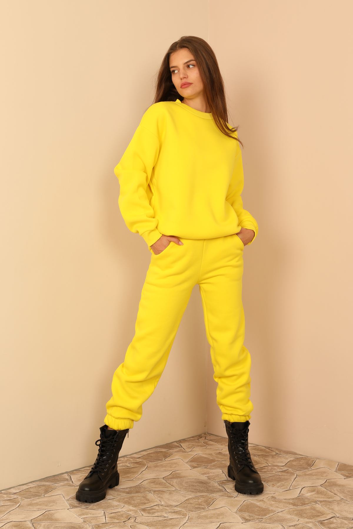 Third Knit With Wool İnside Fabric Long Sleeve Below Hip Women Sweatshirt - Yellow