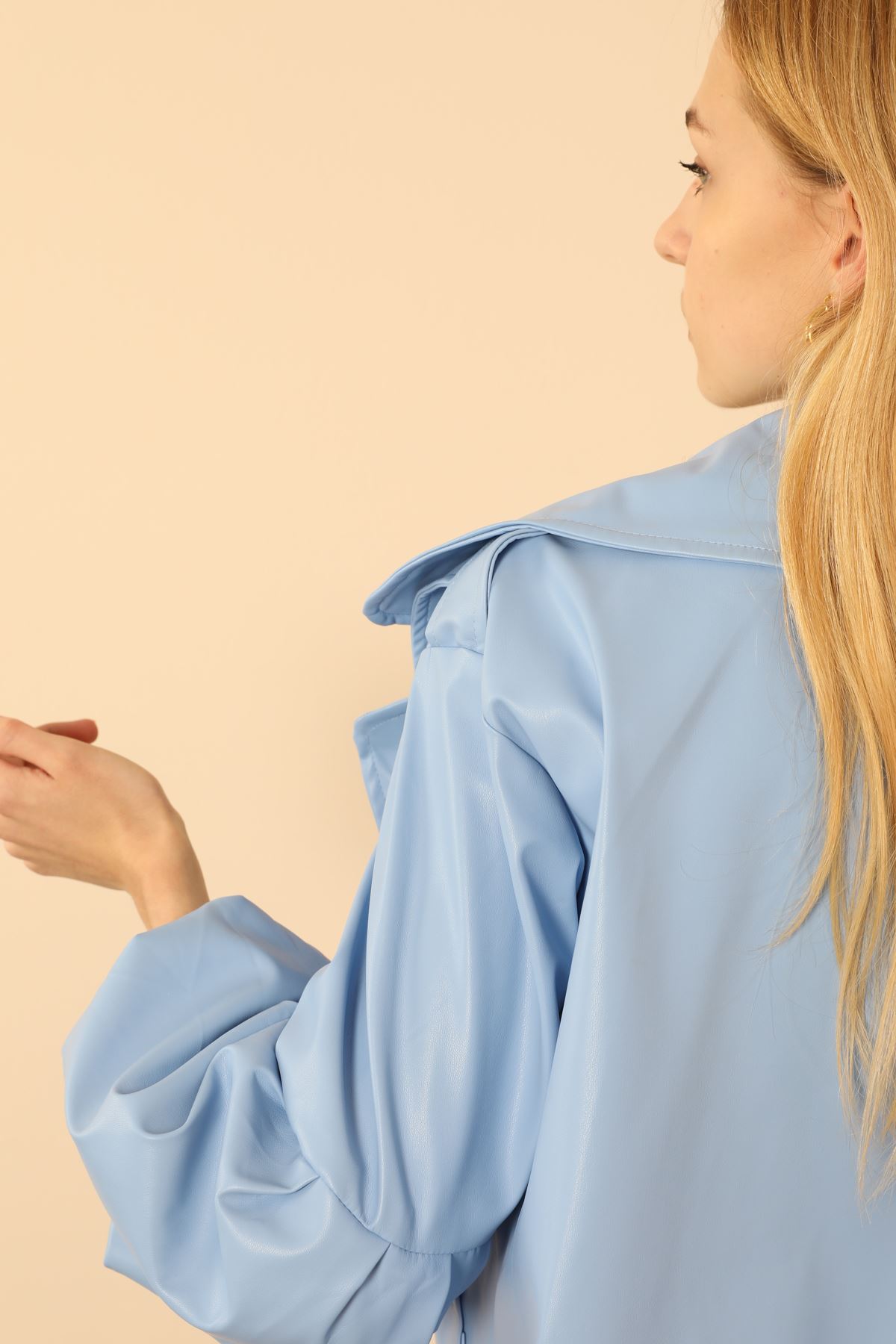эко кожа ткань ревер воротник женский пиджак - Синий