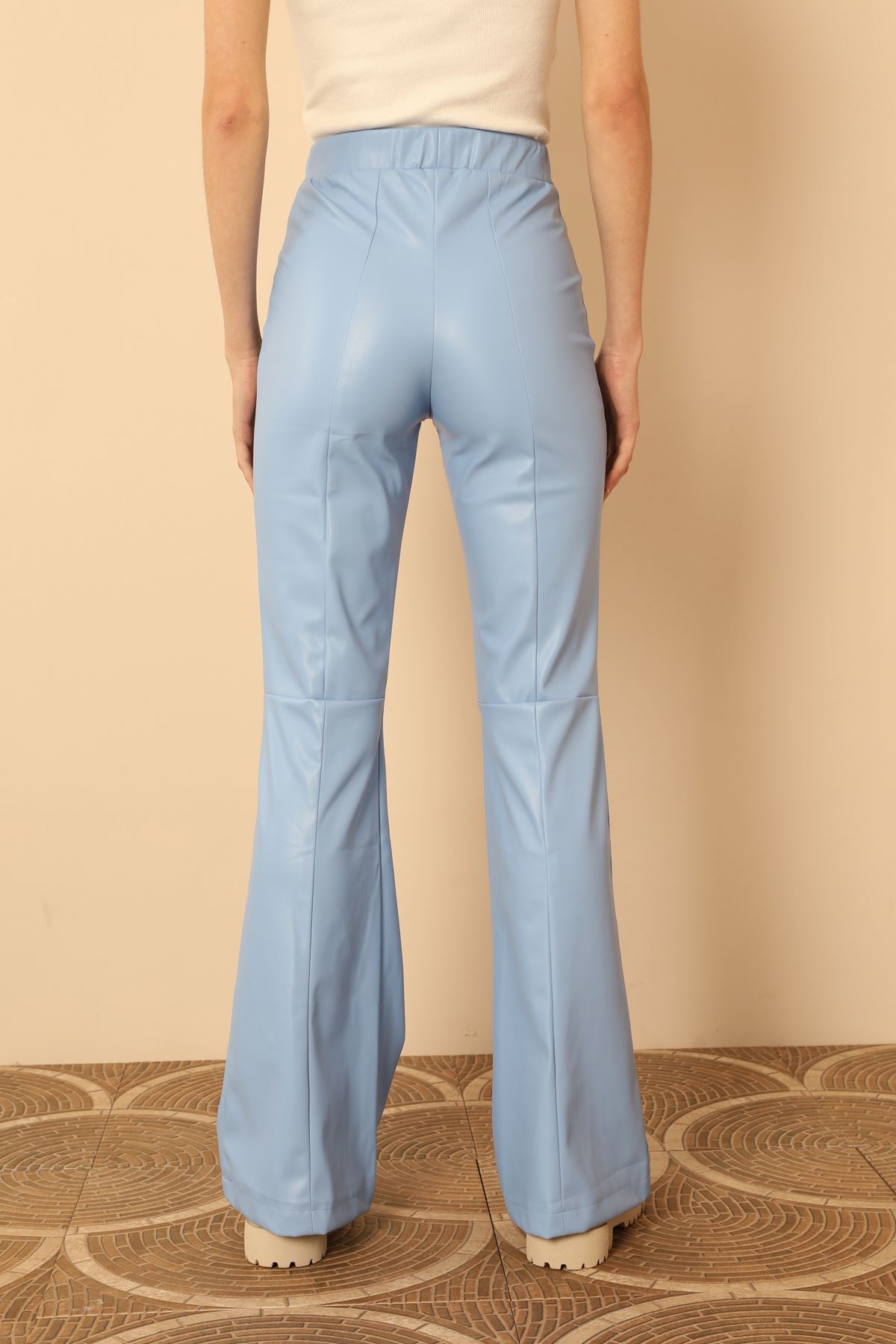 Deri Kumaş Uzun Boy Skinny Fit İspanyol Kadın Pantolon-Mavi