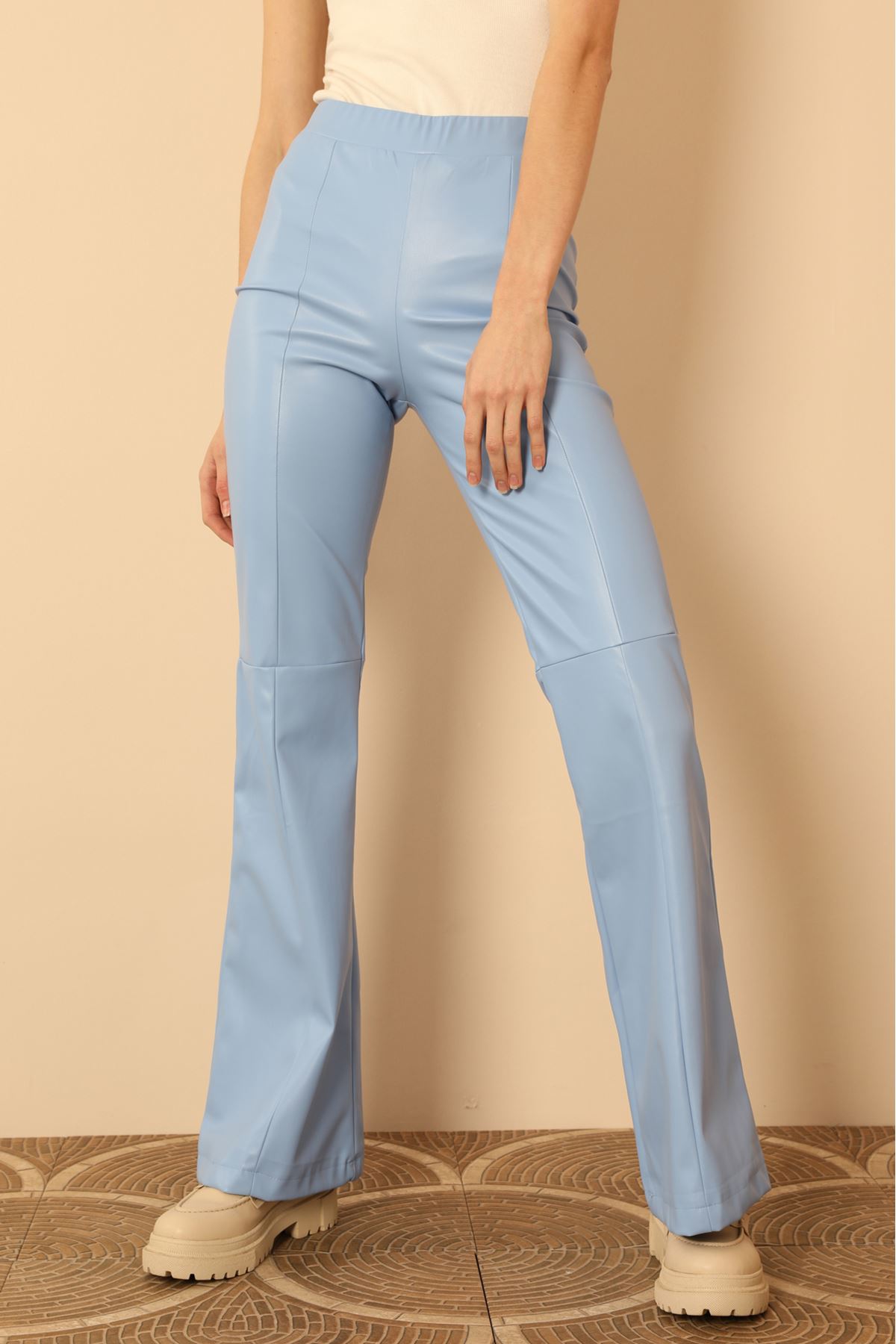 Deri Kumaş Uzun Boy Skinny Fit İspanyol Kadın Pantolon-Mavi