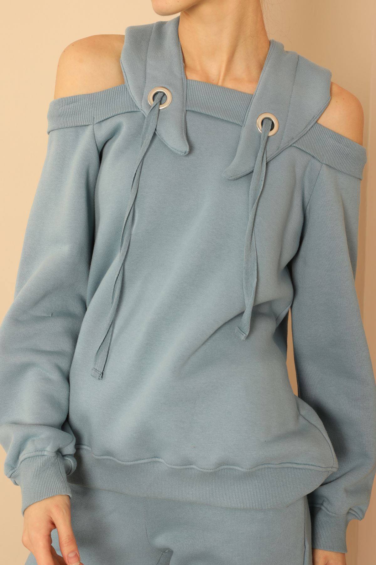 Third Knit With Wool İnside Fabric Hooded Hip Height Shoulder Detailed Women Sweatshirt - Light Blue