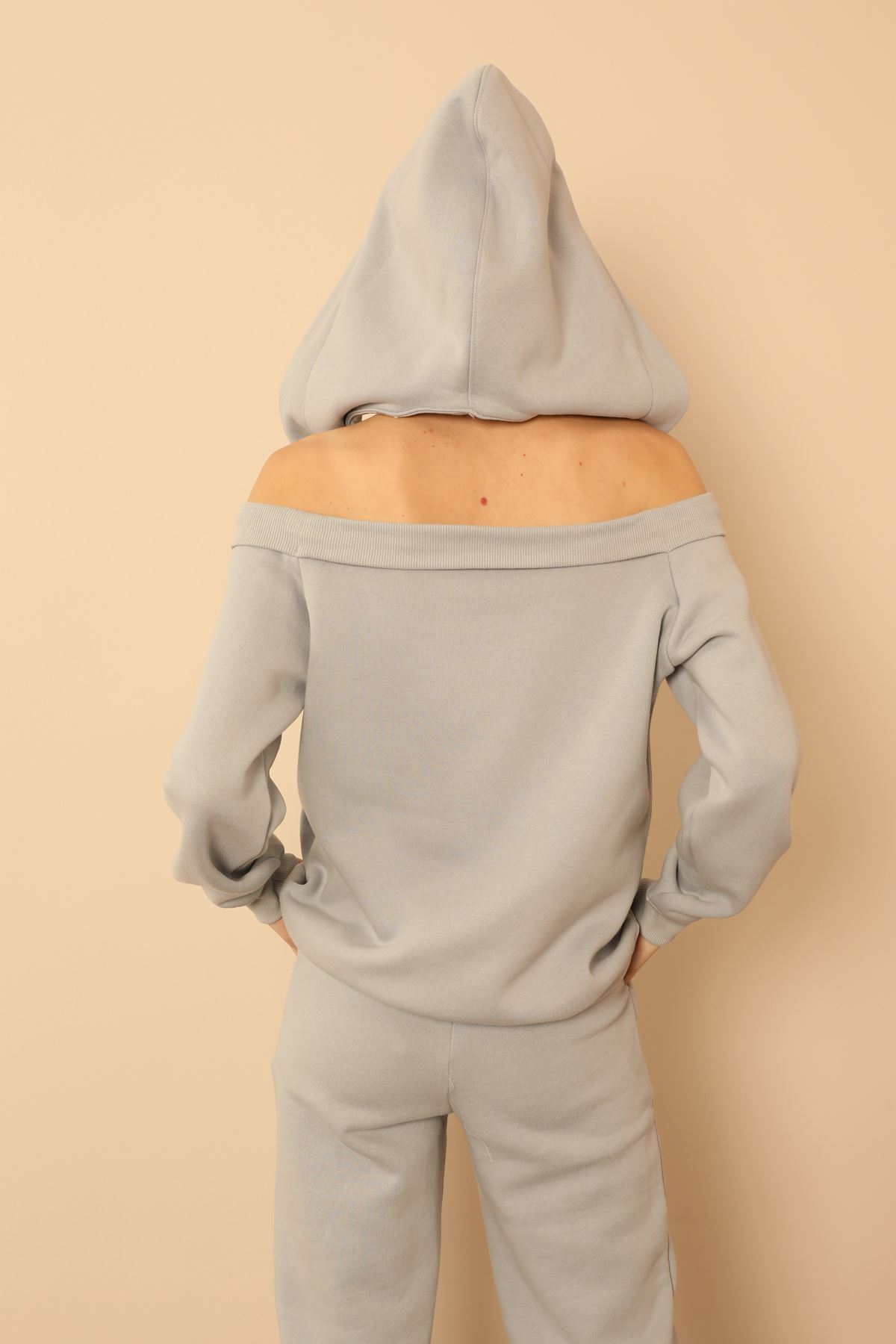 Şardonlu 3 İplik Kumaş Basen Boy Omuz Detaylı Kadın Sweatshirt-Gri