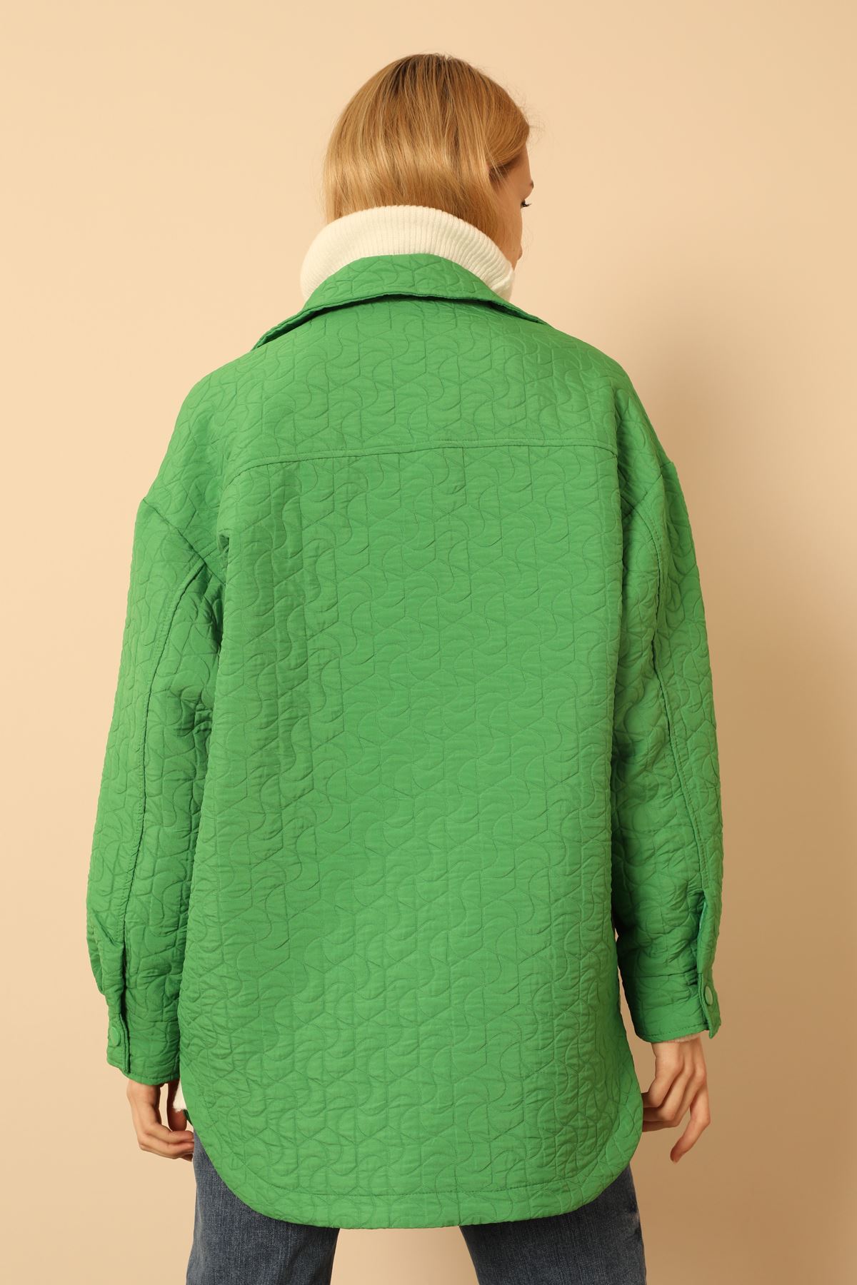Jakar Kumaş Geometrik Desen Oversize Kadın Gömlek-Yeşil