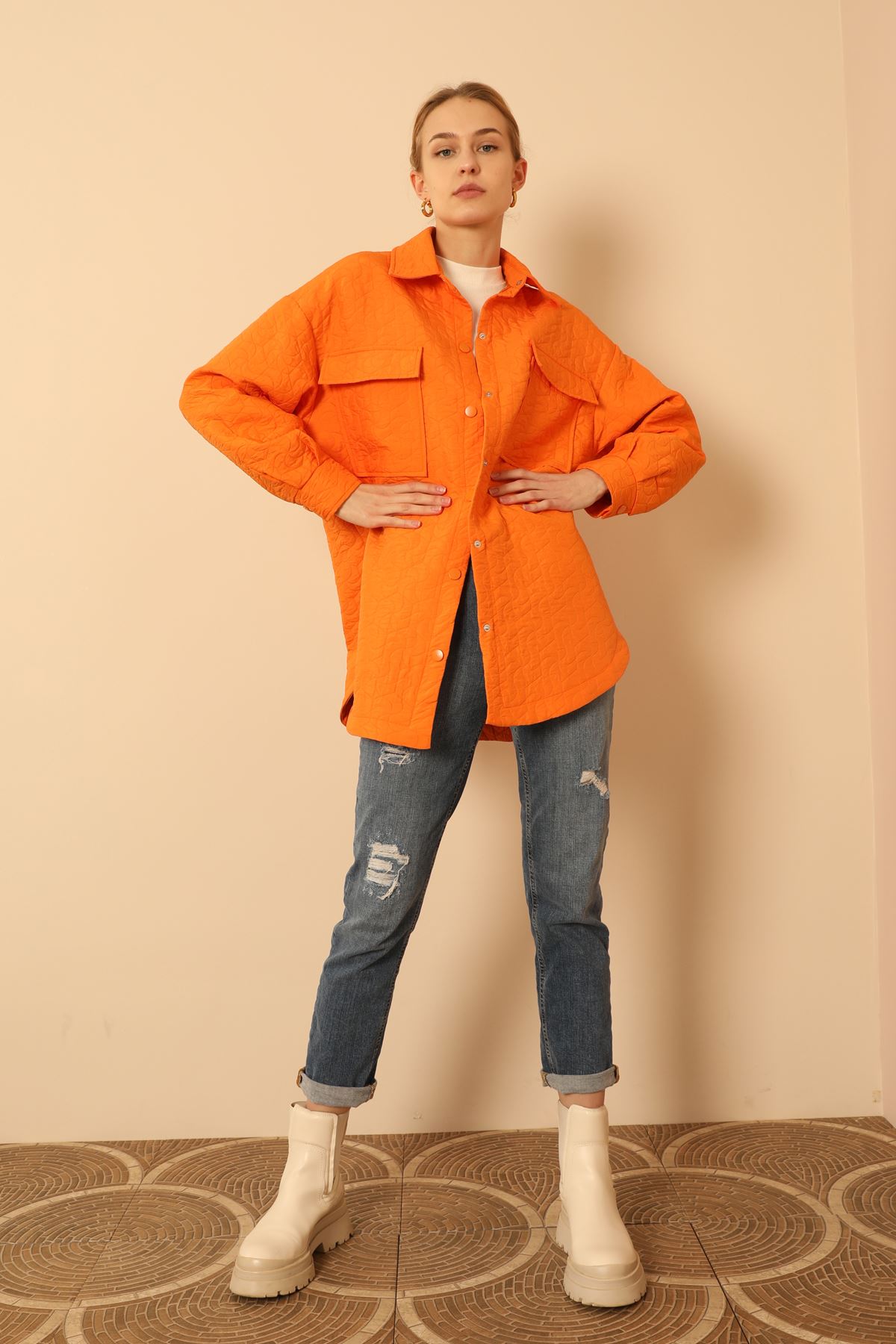 Jakar Kumaş Geometrik Desen Oversize Kadın Gömlek-Oranj