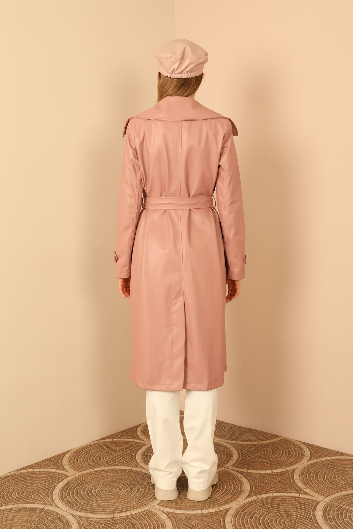 Faux Leather Long Sleeve Shirt Collar Midi Women Trench Coat With Belt - Light Pink