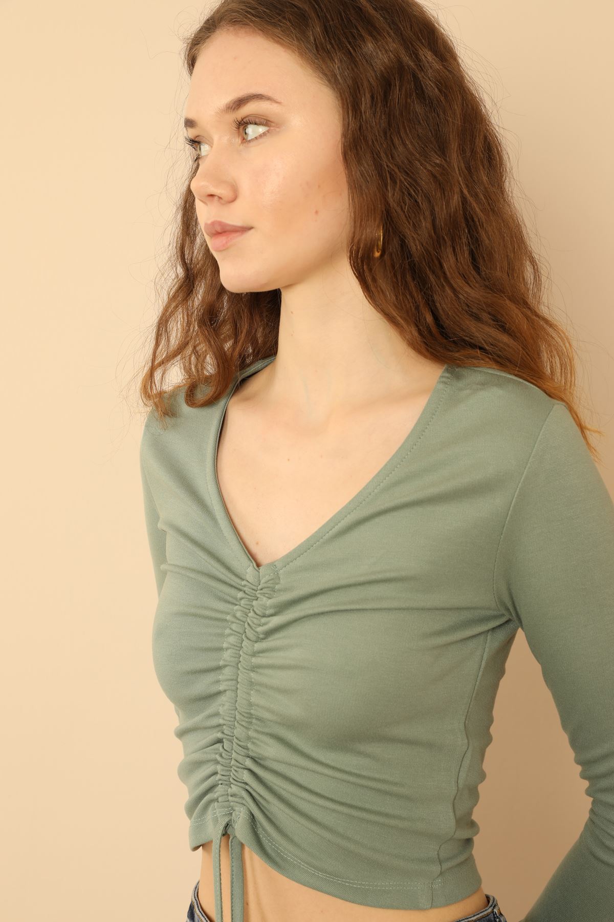 трикотажная ткань V-образный вырез женская блузка со сборками - Ментоловый