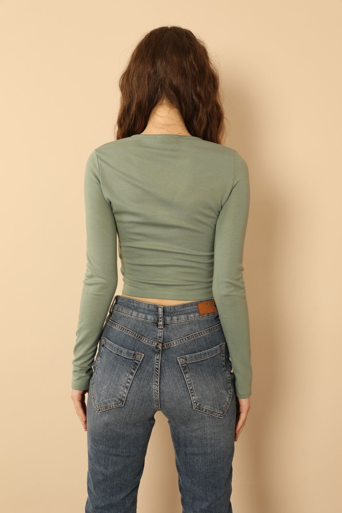 Knit Fabric Long Sleeve V Neck Shirred Front Blouse - Mint