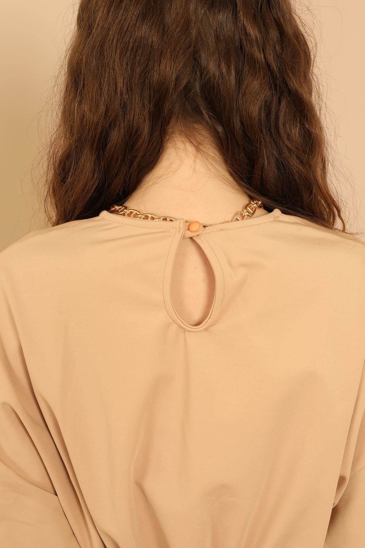 Акваланг ткань с круглым вырезом оверсайз женская блузка - Бежевый