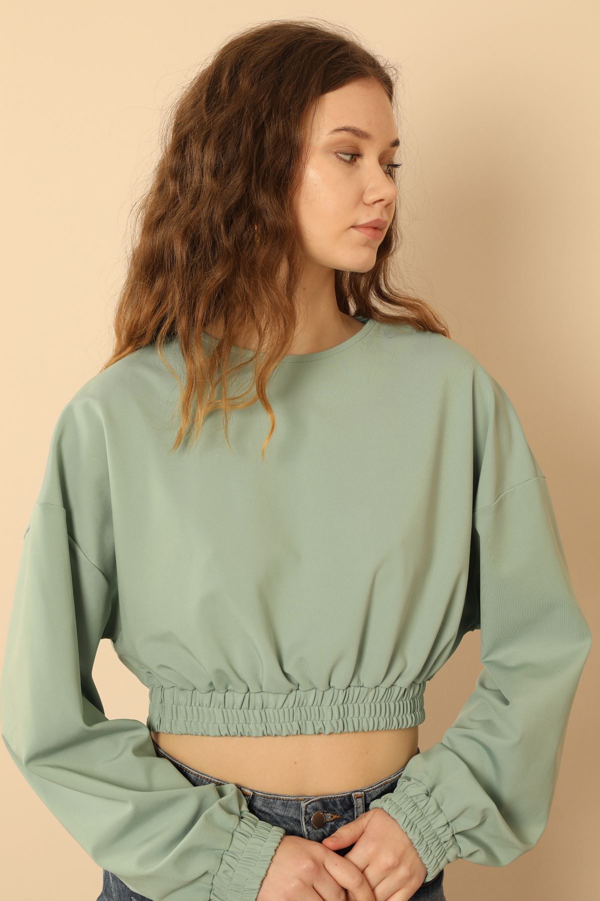 Dalgıç Kumaş Uzun Kollu Oversize/Salaş Beli Lastikli Kadın Bluz-Mint