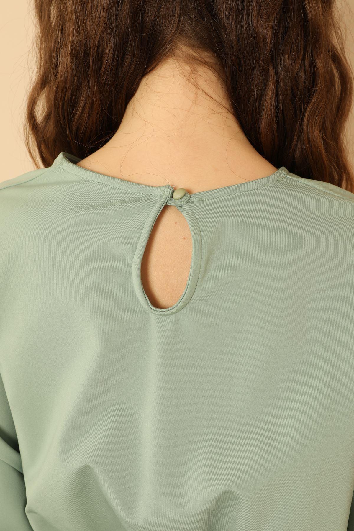 Dalgıç Kumaş Uzun Kollu Oversize/Salaş Beli Lastikli Kadın Bluz-Mint