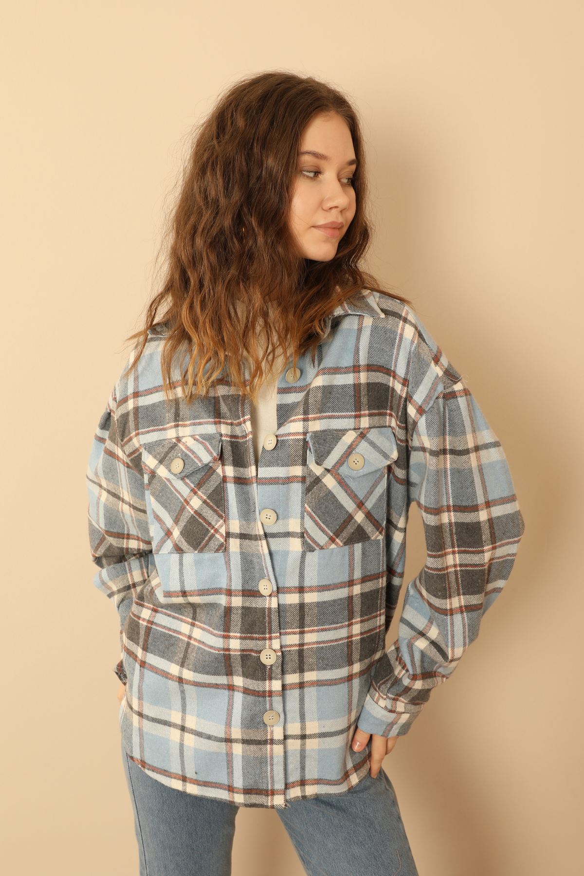Lumberjack Fabric Long Sleeve Hip Height Oversize Striped Women'S Shirt - Blue