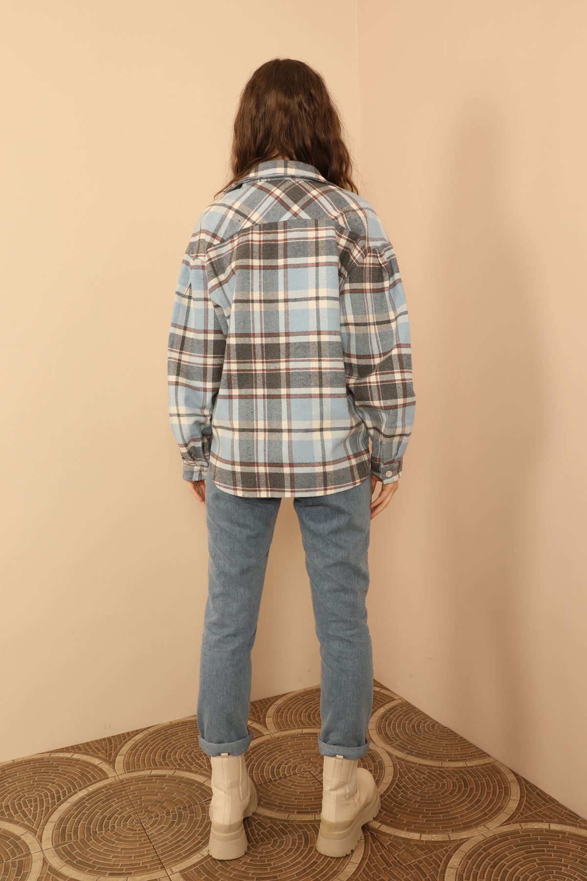 Lumberjack Fabric Long Sleeve Hip Height Oversize Striped Women'S Shirt - Blue