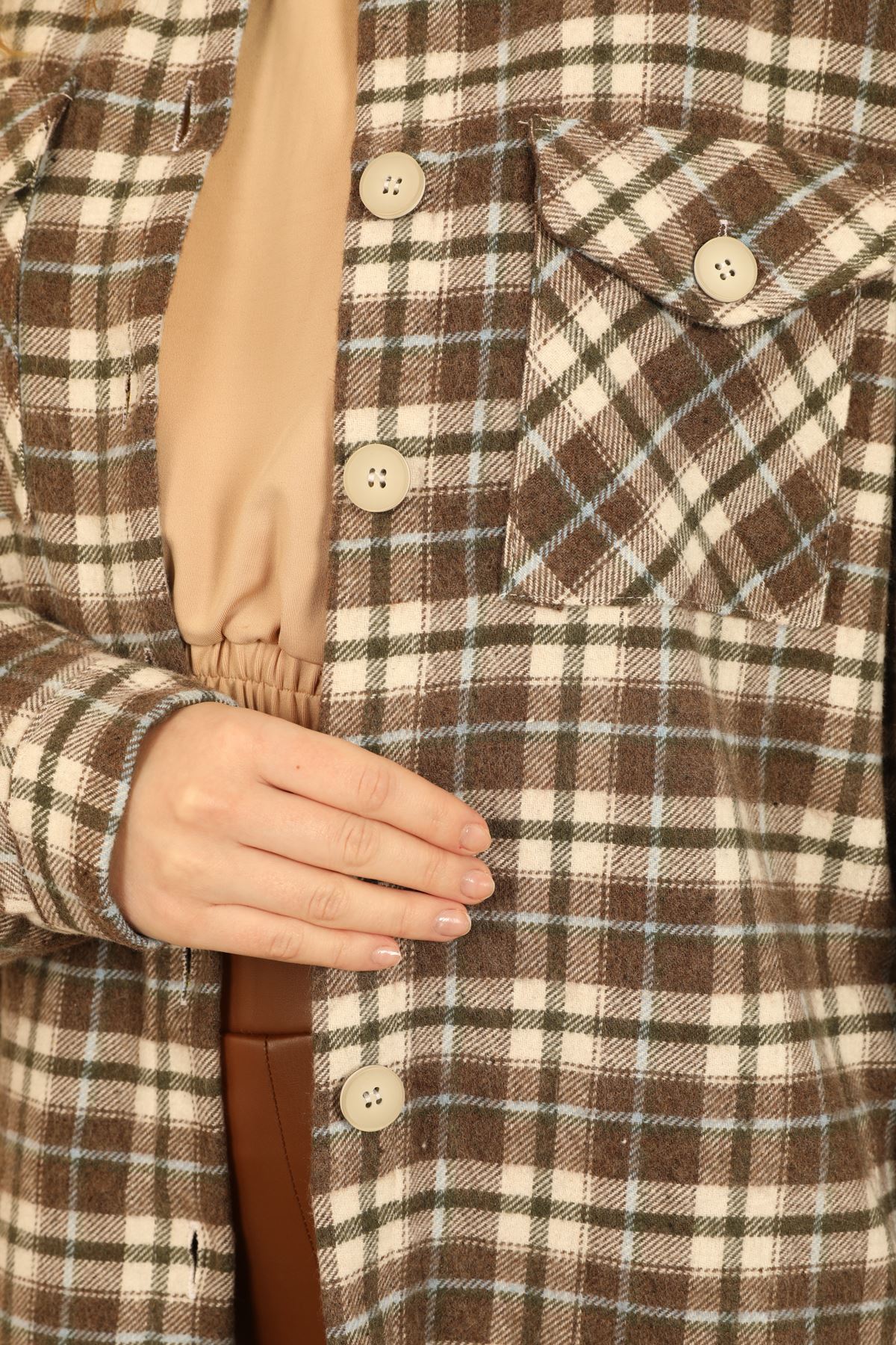 Oduncu Kumaş Basen Boy Ekose/Kareli Kadın Gömlek-Mint