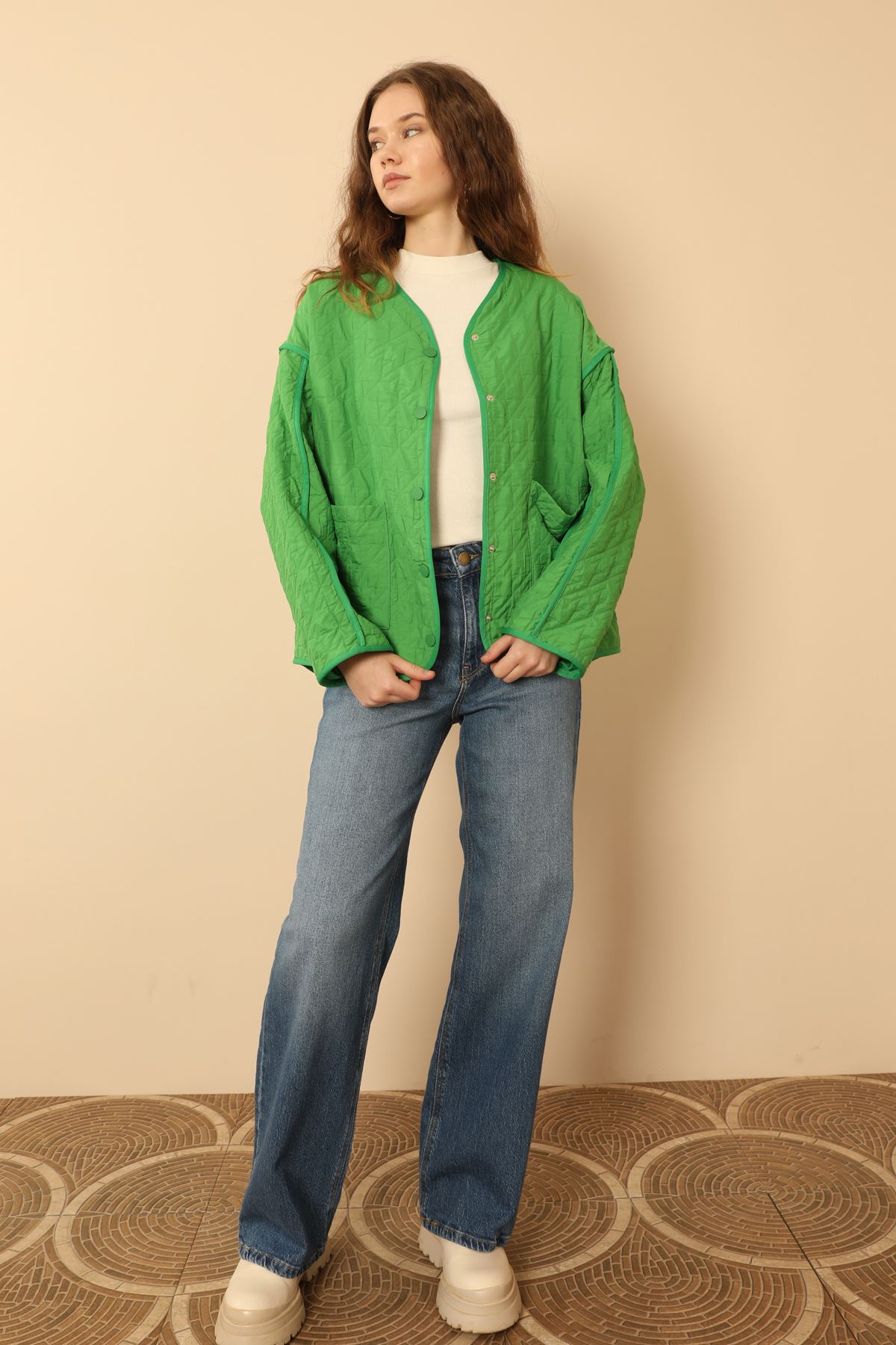 Jakar Kumaş Biyeli Oversize Kadın Ceket-Yeşil