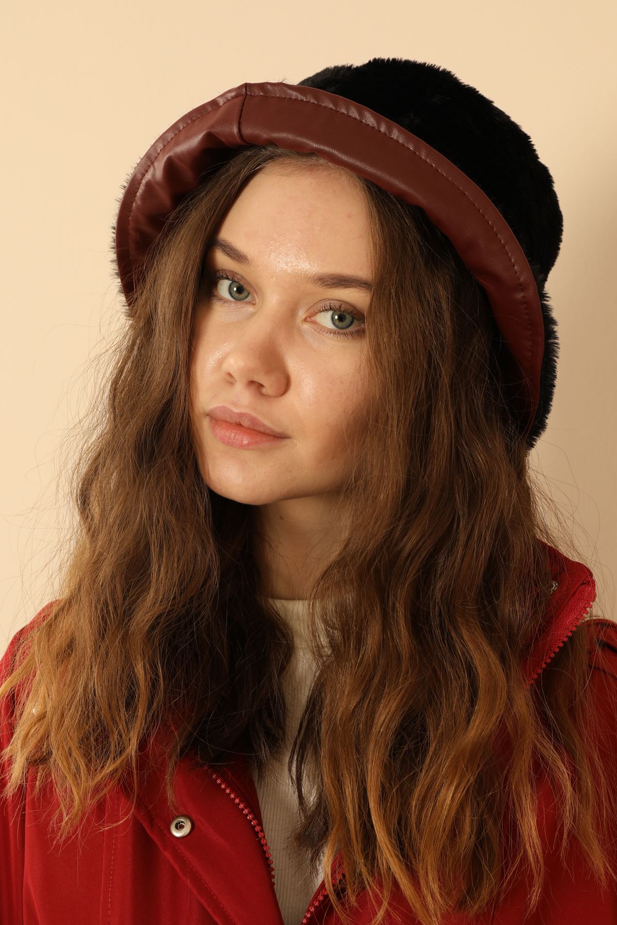 Double Side Leather Plush Women HatBurgundy/Black