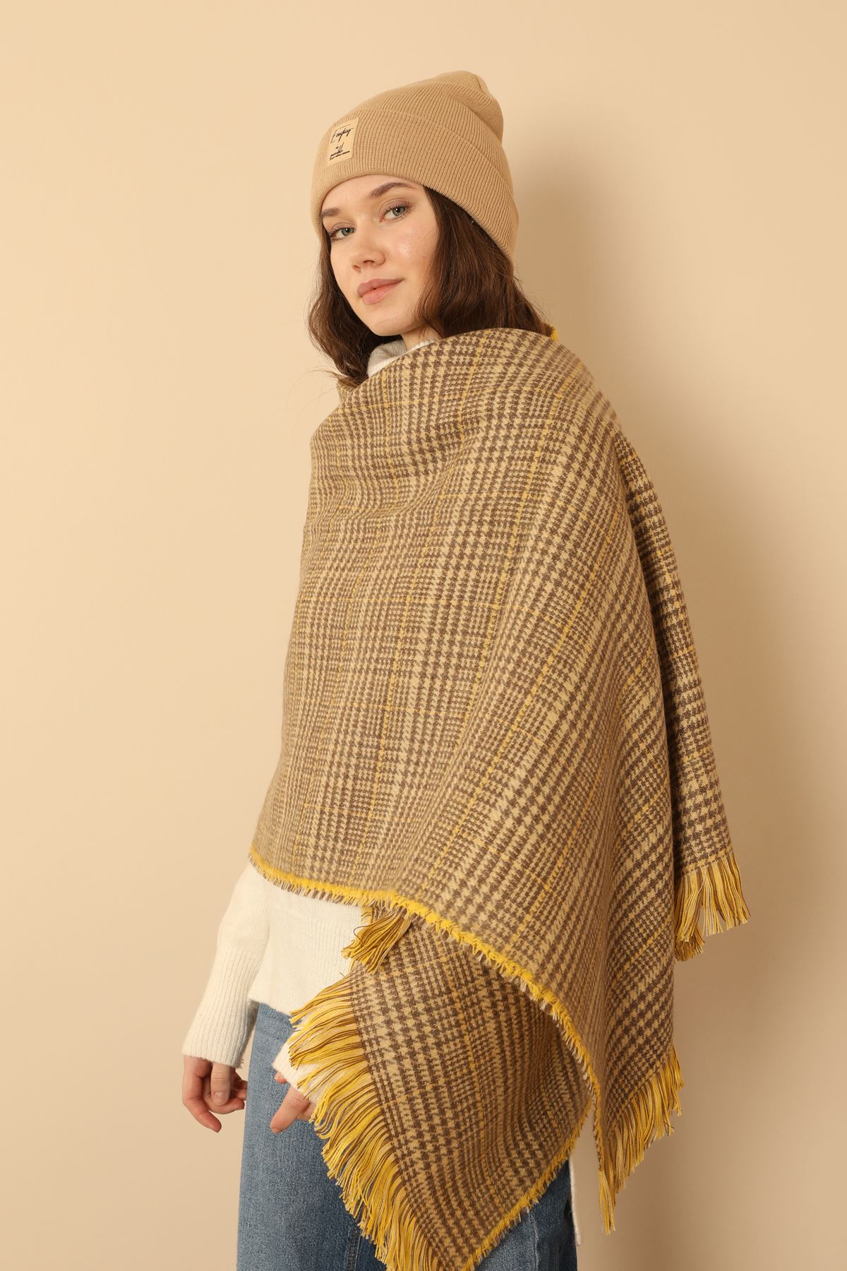 Double Side Plaid Pattern Women Scarf-Yellow