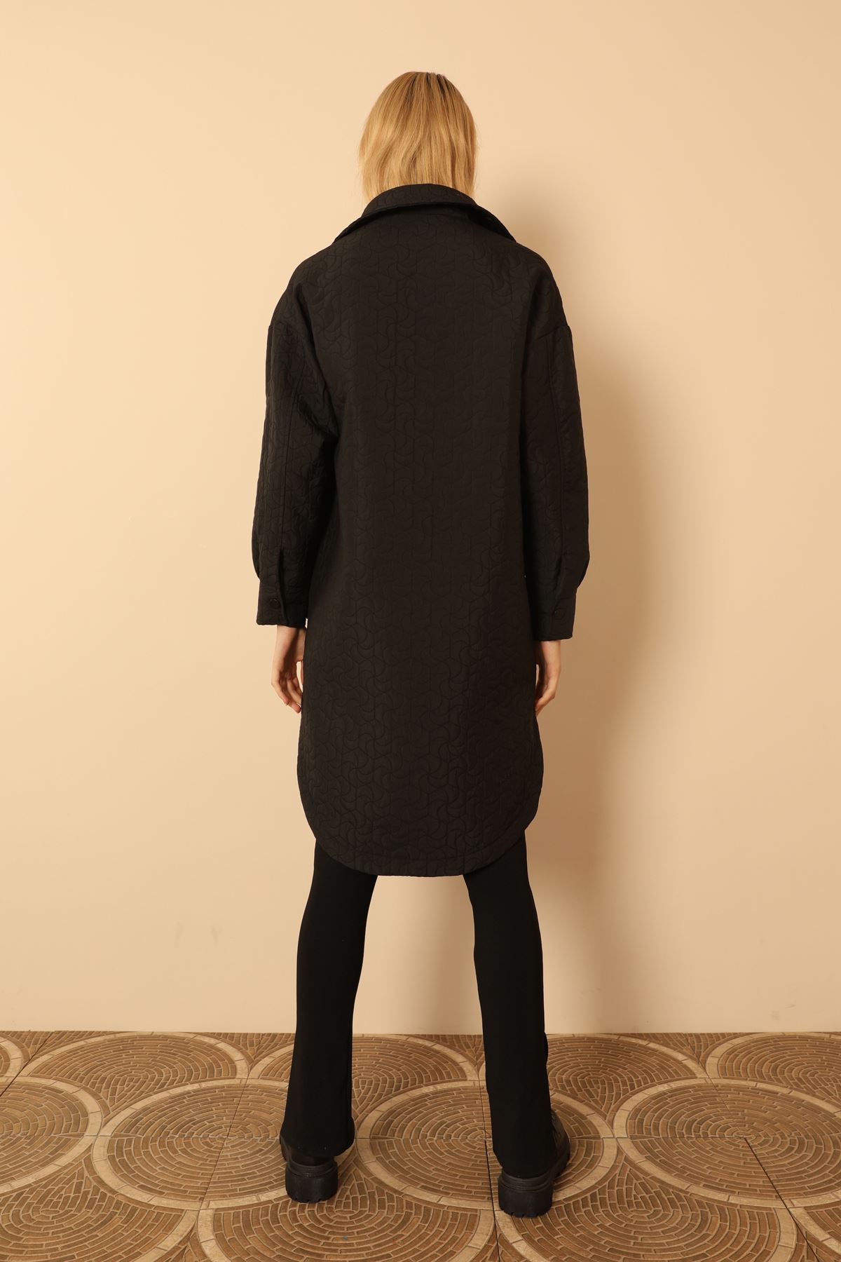 Jakar Kumaş Geometrik Desen Uzun Kadın Oversize Gömlek-Siyah