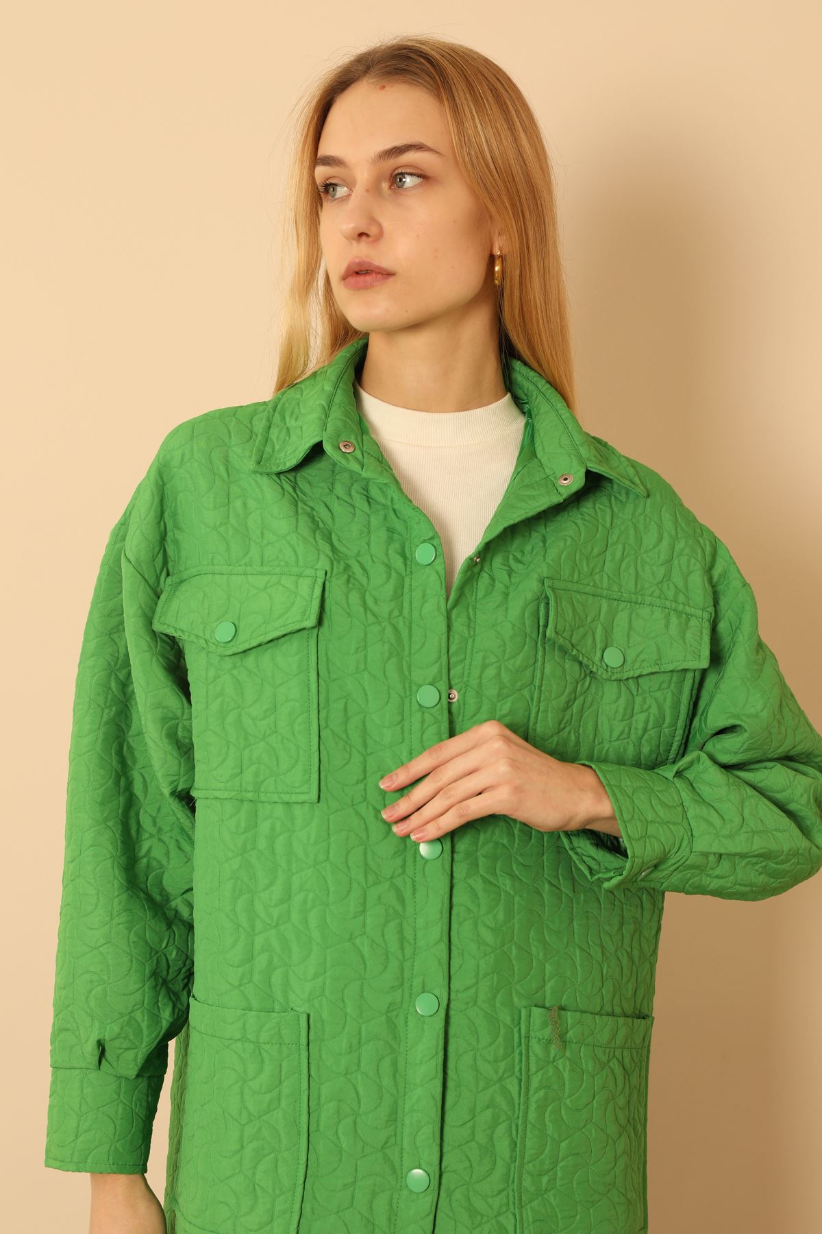 Jakar Kumaş Geometrik Desen Uzun Kadın Oversize Gömlek-Yeşil