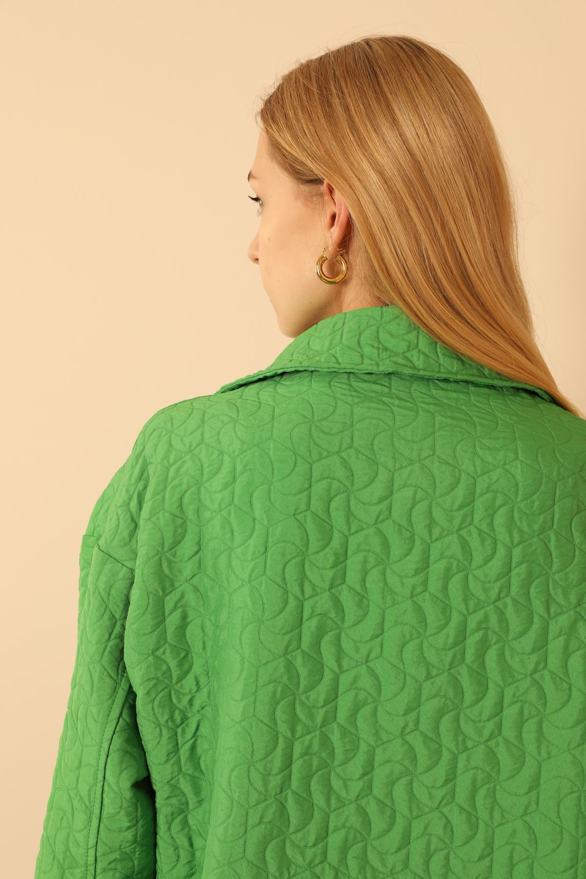 Jakar Kumaş Geometrik Desen Uzun Kadın Oversize Gömlek-Yeşil