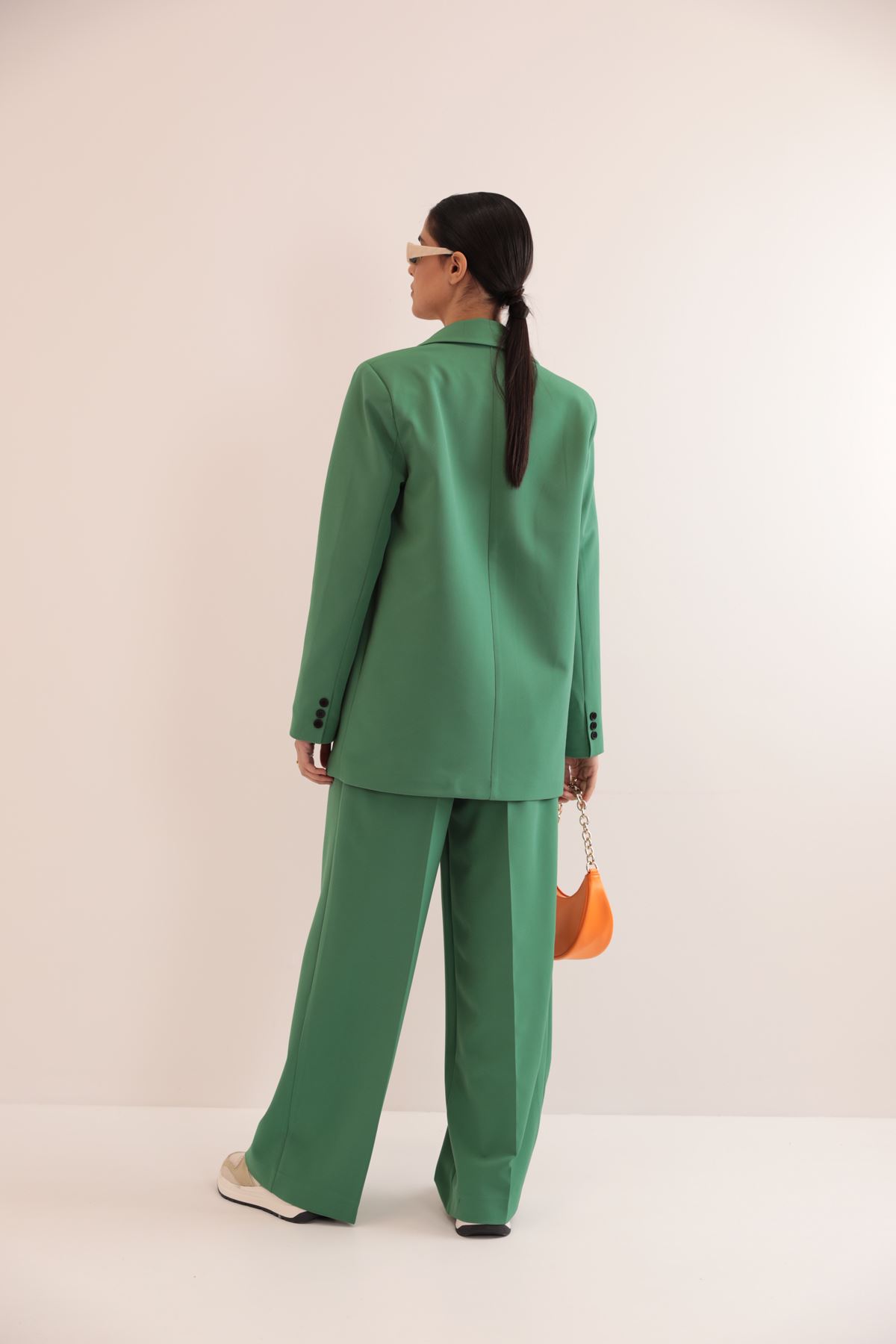 Atlas Kumaş Pileli  Palazzo Kadın Pantolon-Yeşil