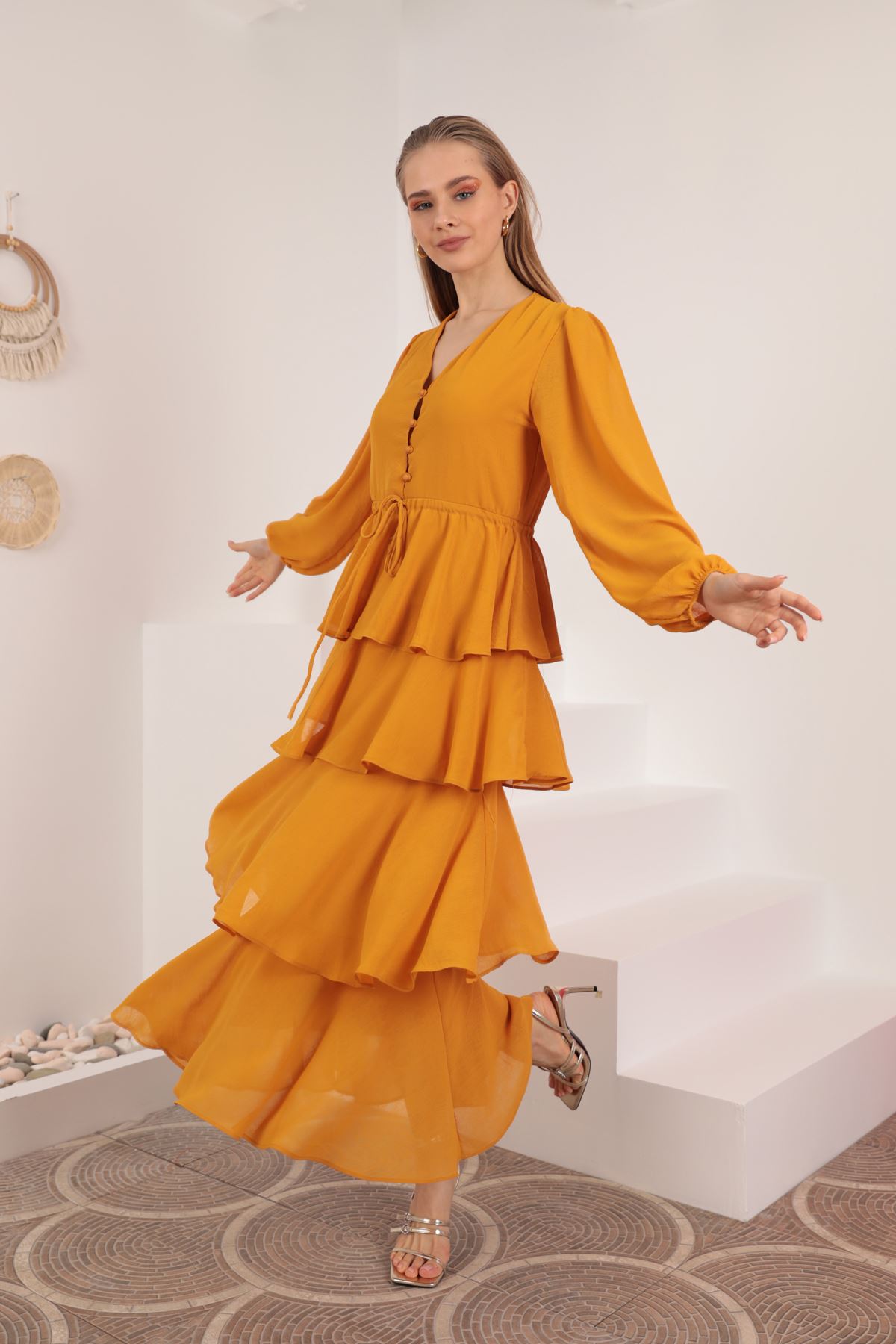 فستان نسائي متعدد الطبقات من قماش شيفون ايروبين-خردلي