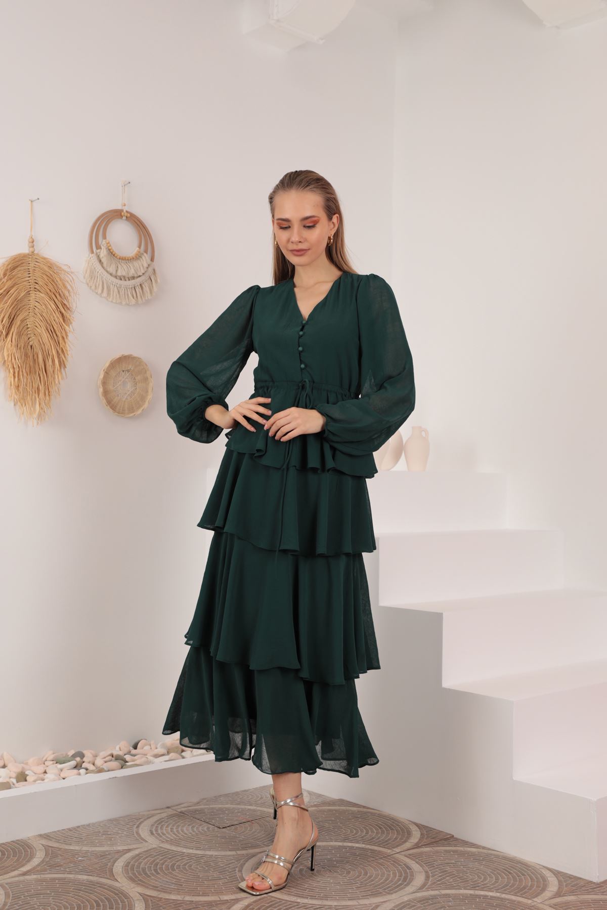 فستان نسائي متعدد الطبقات من قماش شيفون ايروبين-اخضر