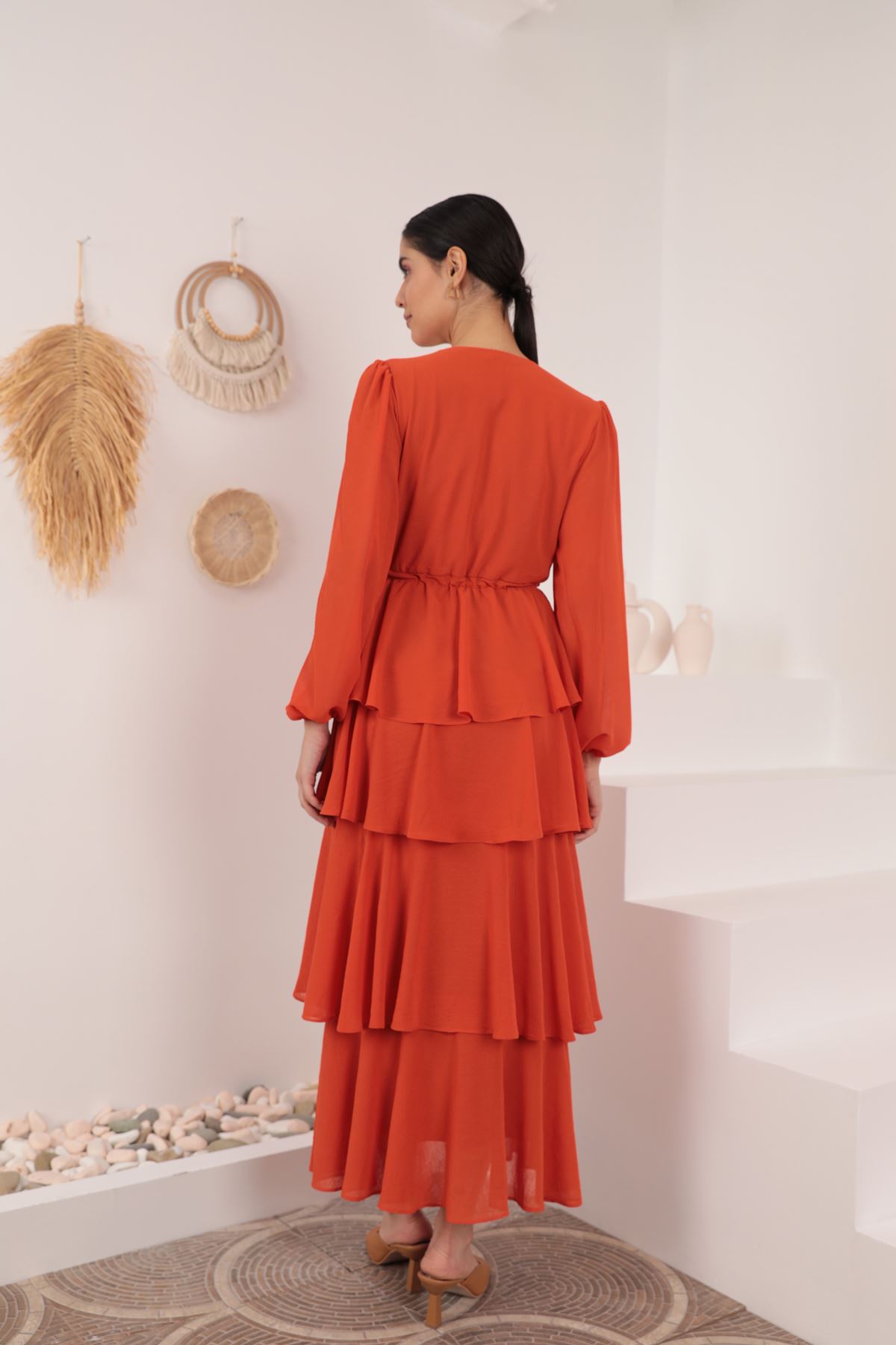 Aerobin Chiffon Fabric Layered Women's Dress-Orange