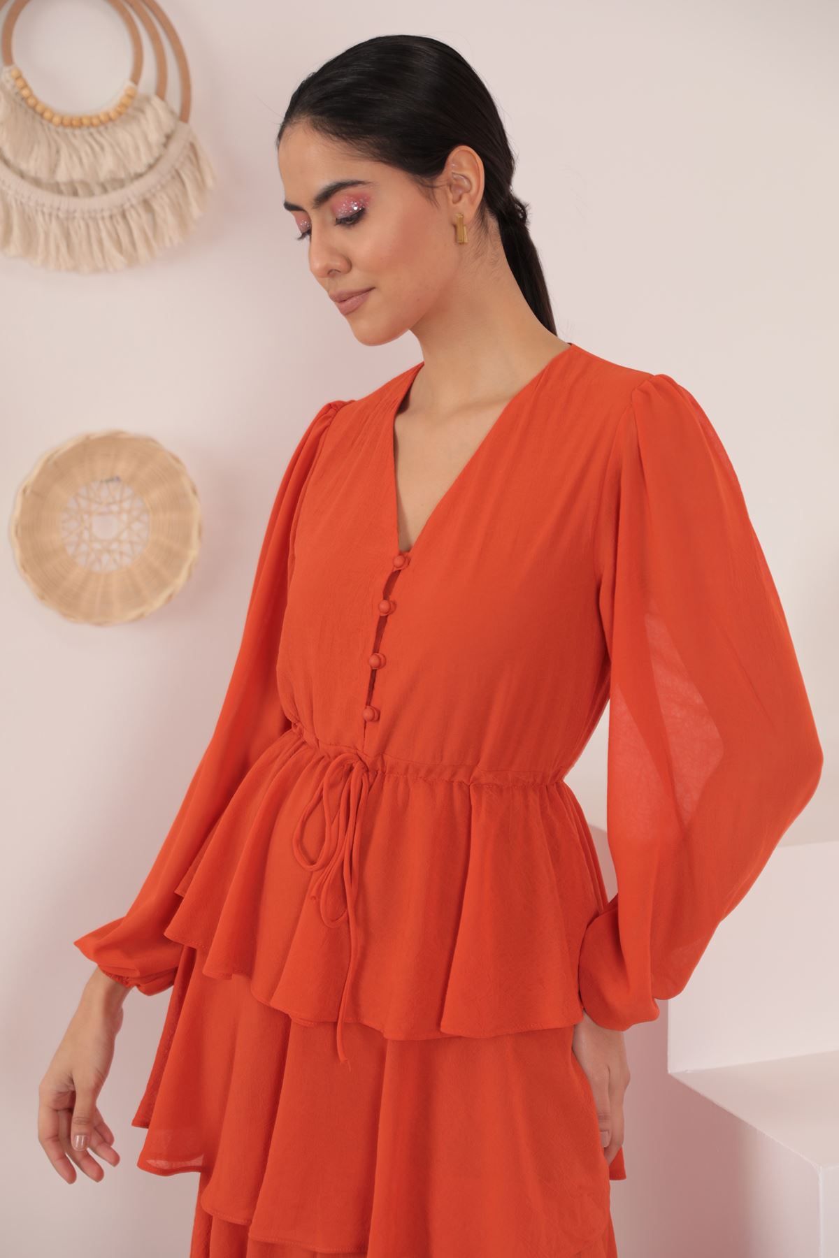 Aerobin Chiffon Fabric Layered Women's Dress-Orange