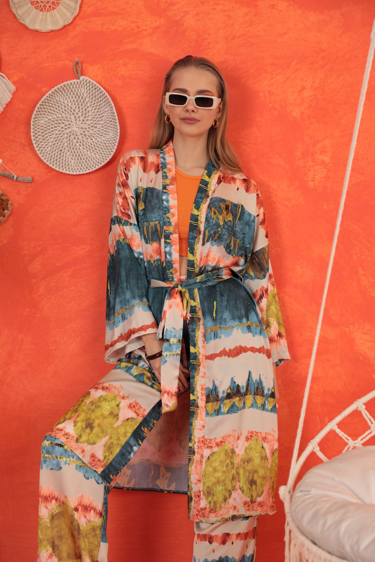 Saten Kumaş Batik Desen Kadın Kimono-YAĞ YEŞİLİ