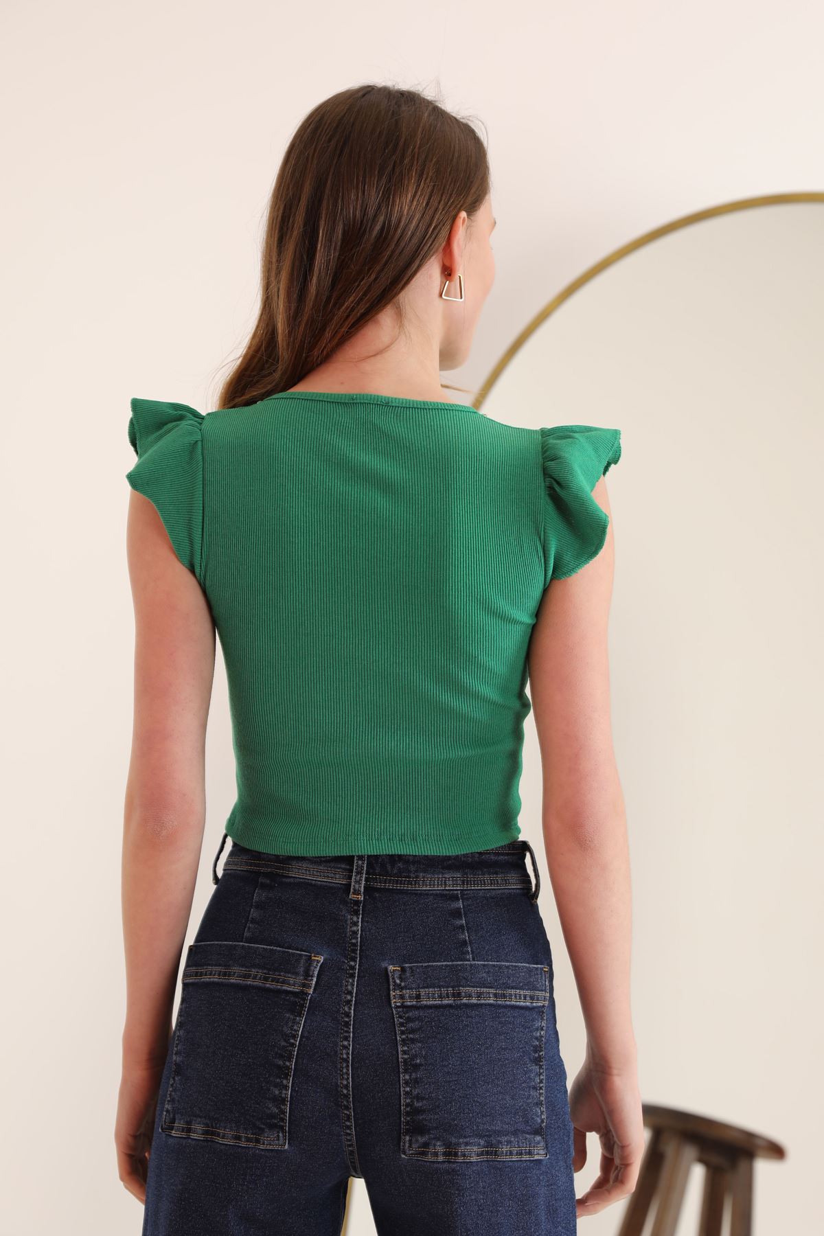 Kaşkorse Kumaş Kolları Fırfırlı Zincir Detay Kadın Bluz-Yeşil