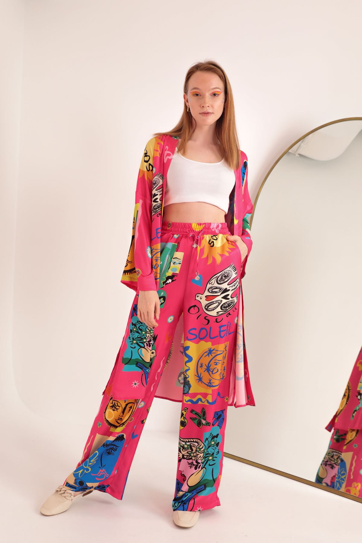 Saten Kumaş Soleil Desen Kadın Kimono-Fuşya