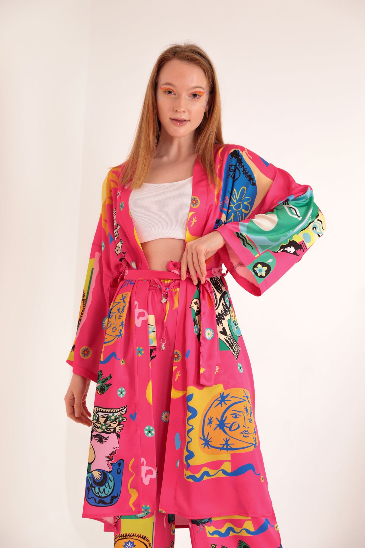 Saten Kumaş Soleil Desen Kadın Kimono-Fuşya