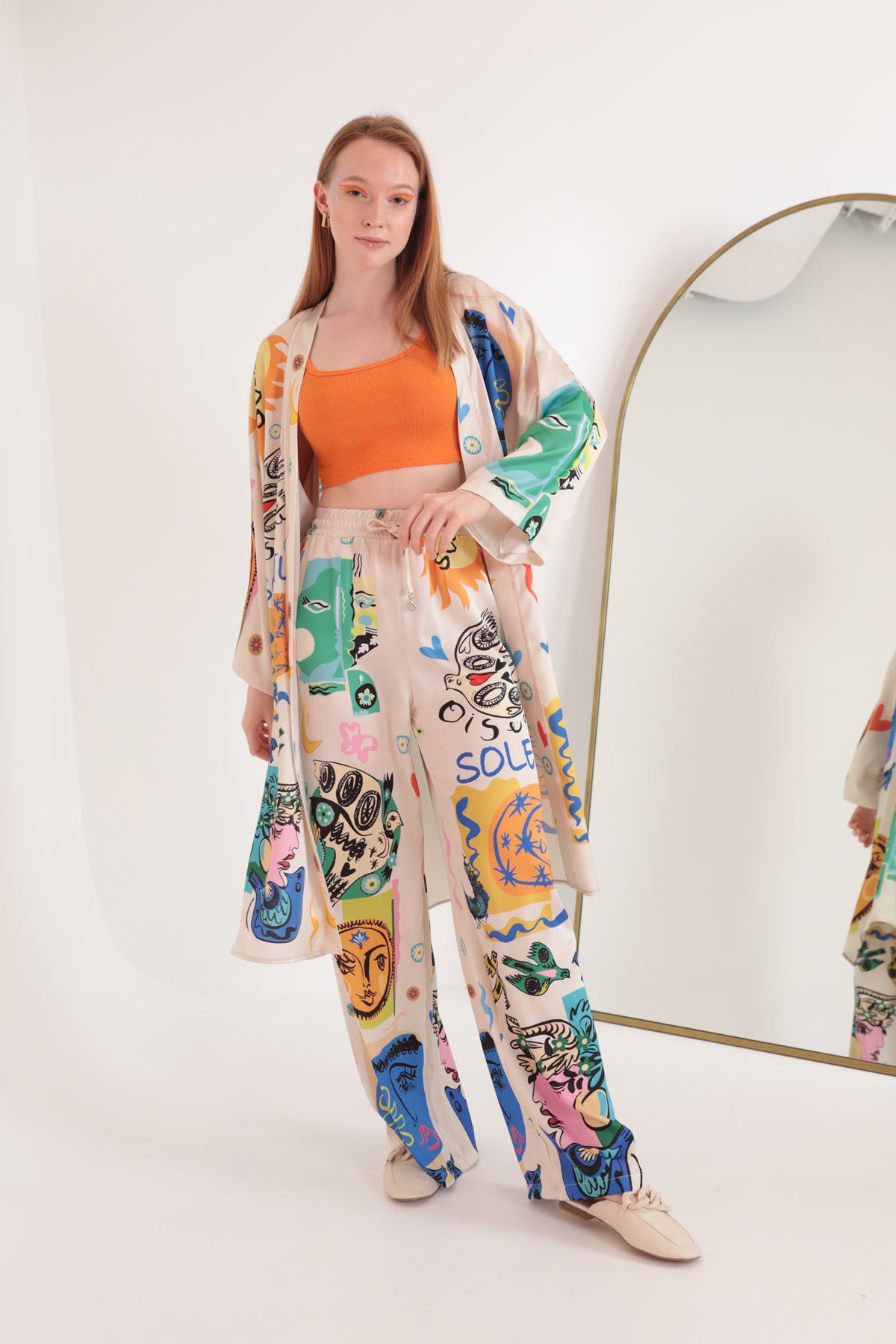 Saten Kumaş Soleil Desen Kadın Kimono-Bej