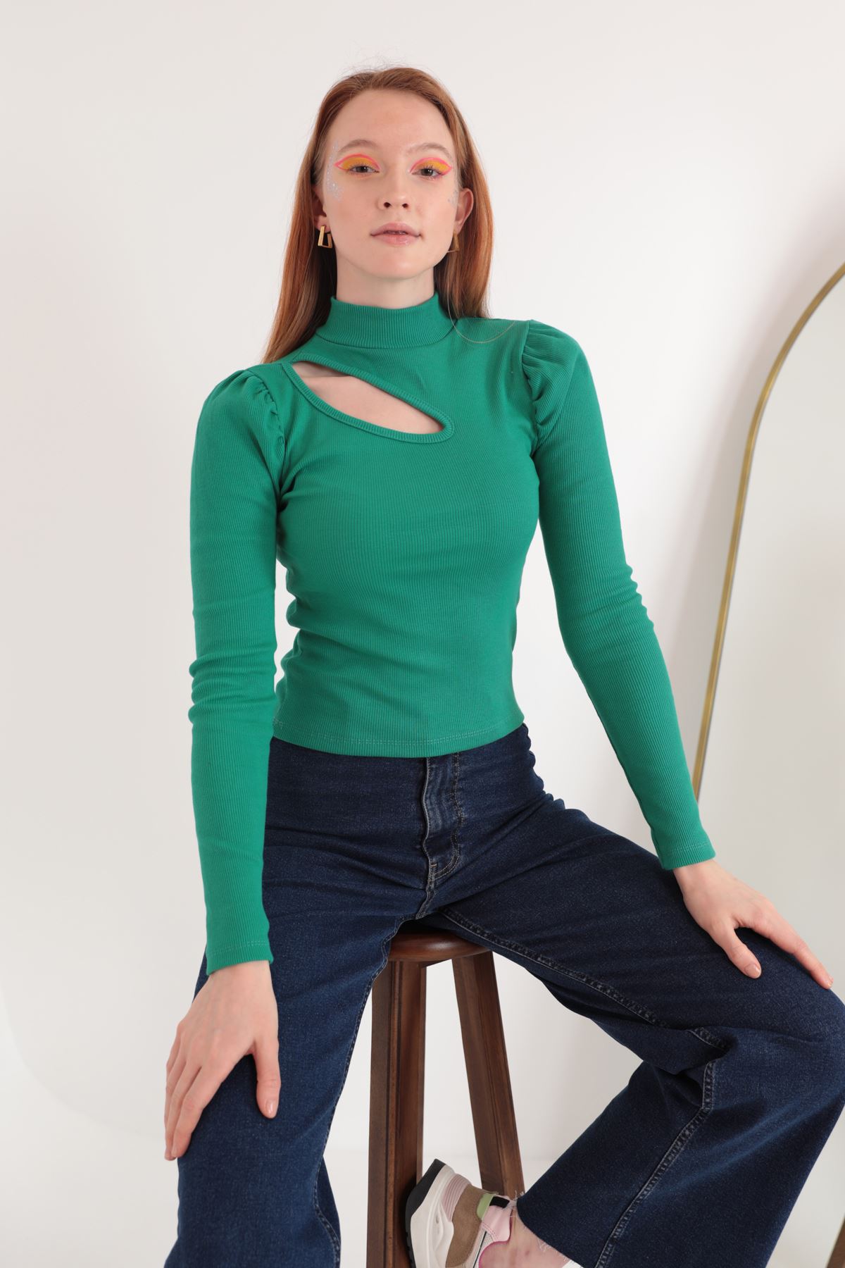 Kaşkorse Kumaş Karpuz Kol Pencereli Kadın Bluz-Yeşil