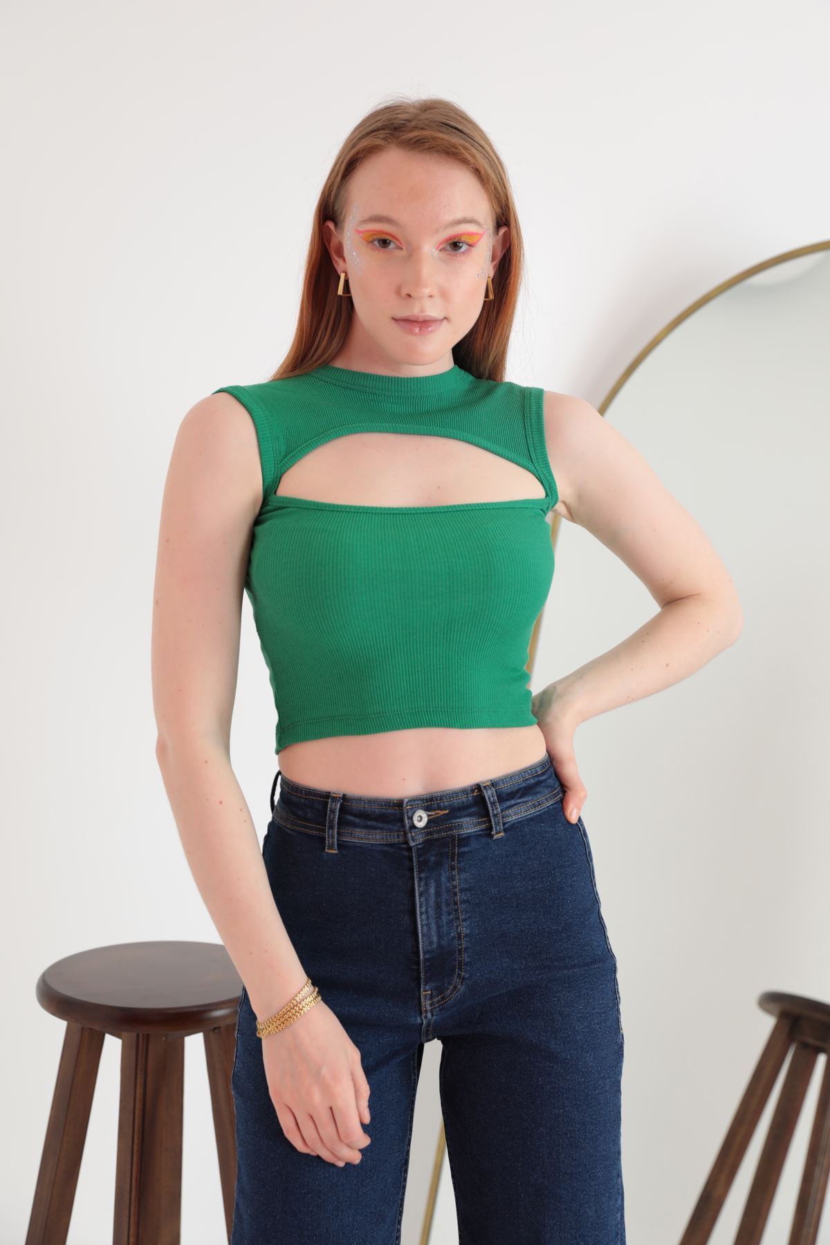 Camisole Fabric Crew Neck Open Front Women's Blouse-Green