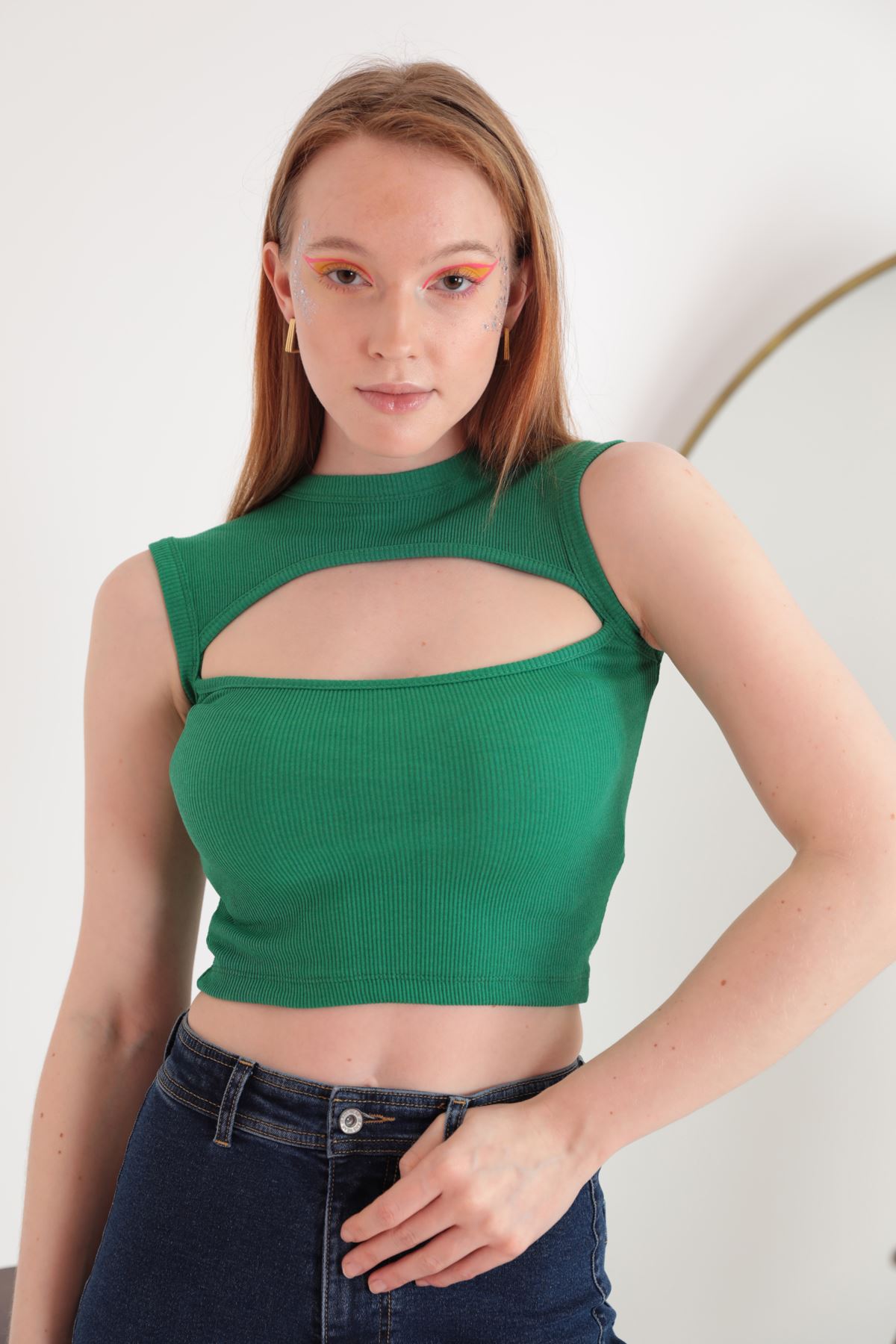 Camisole Fabric Crew Neck Open Front Women's Blouse-Green