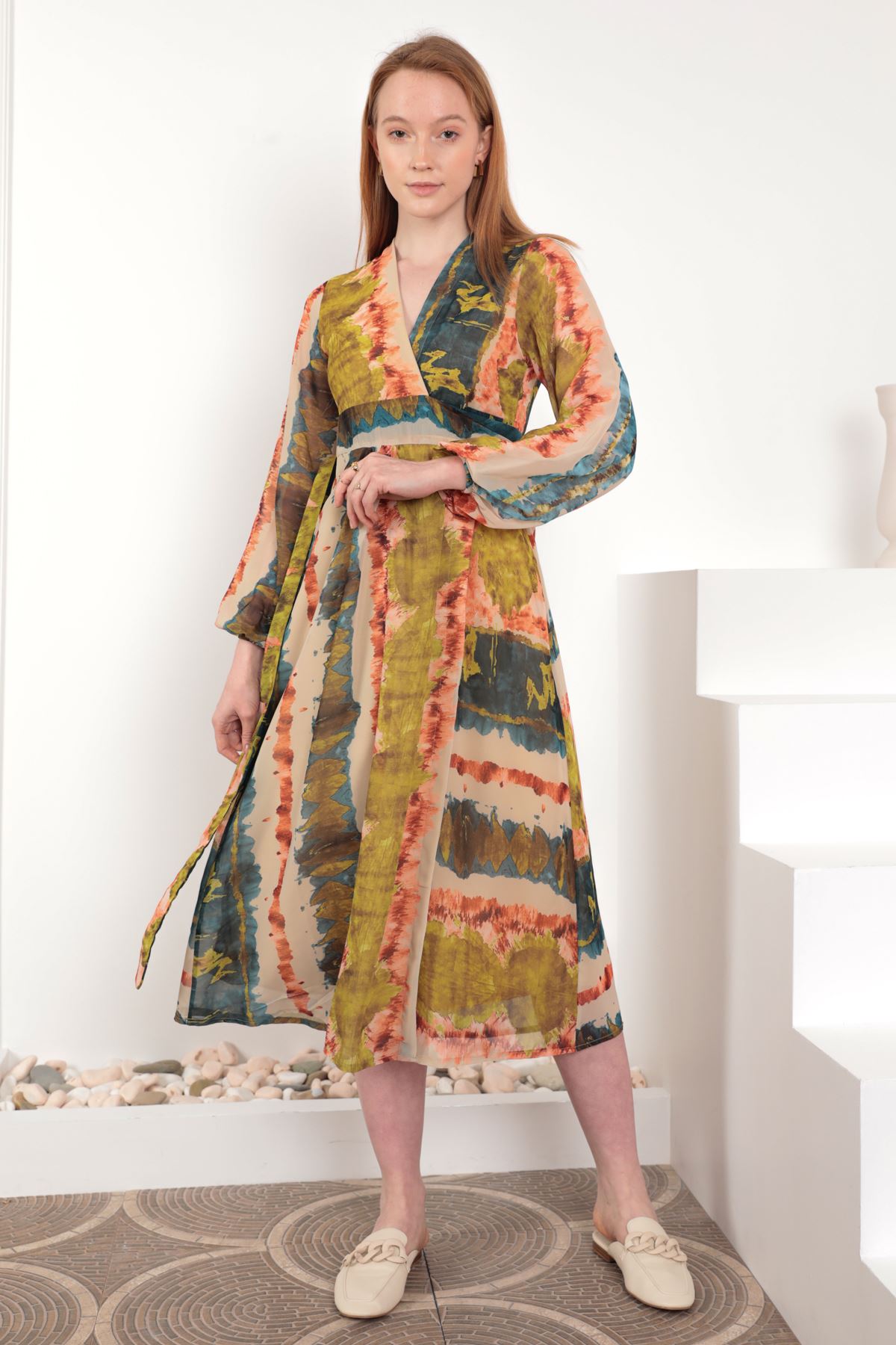 Şifon Kumaş Batik Desen Anvelop Kadın Elbise-YAĞ YEŞİLİ