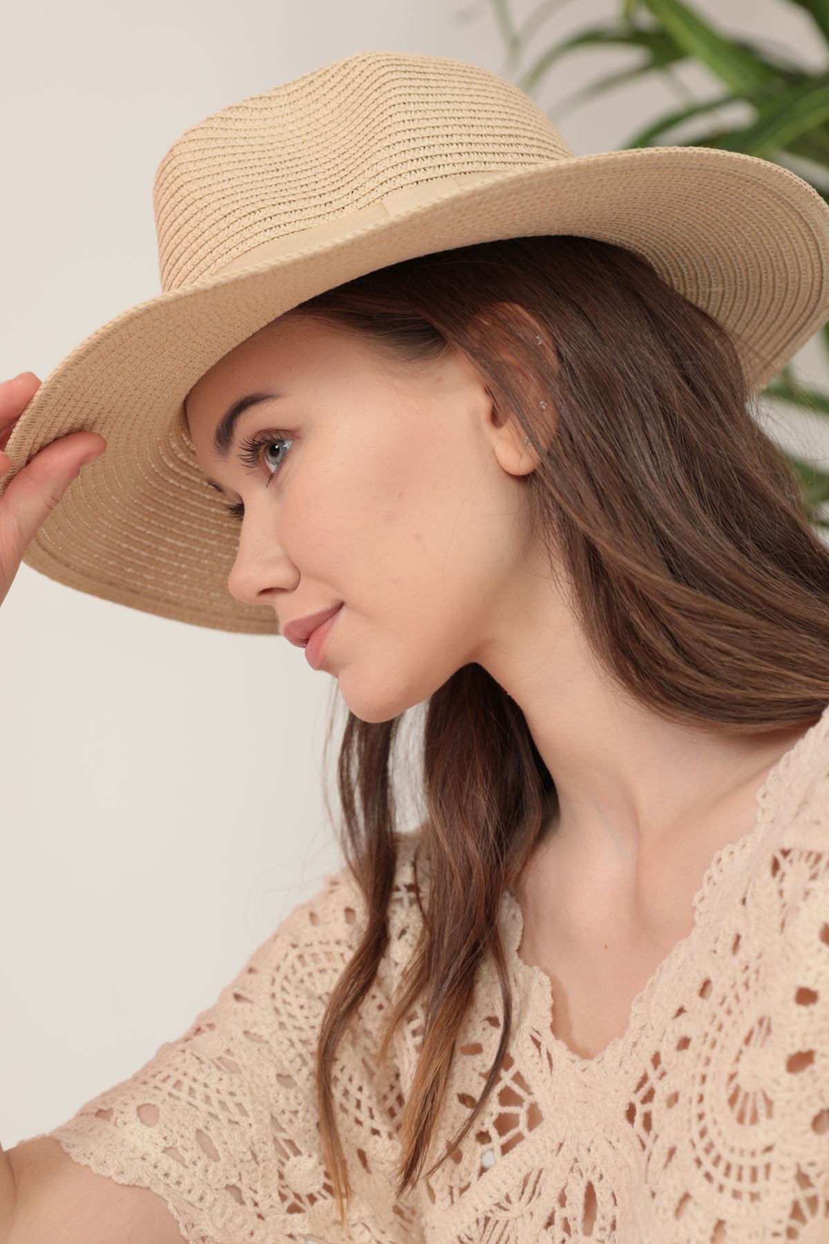 Striped Wide Straw Hat-Beige