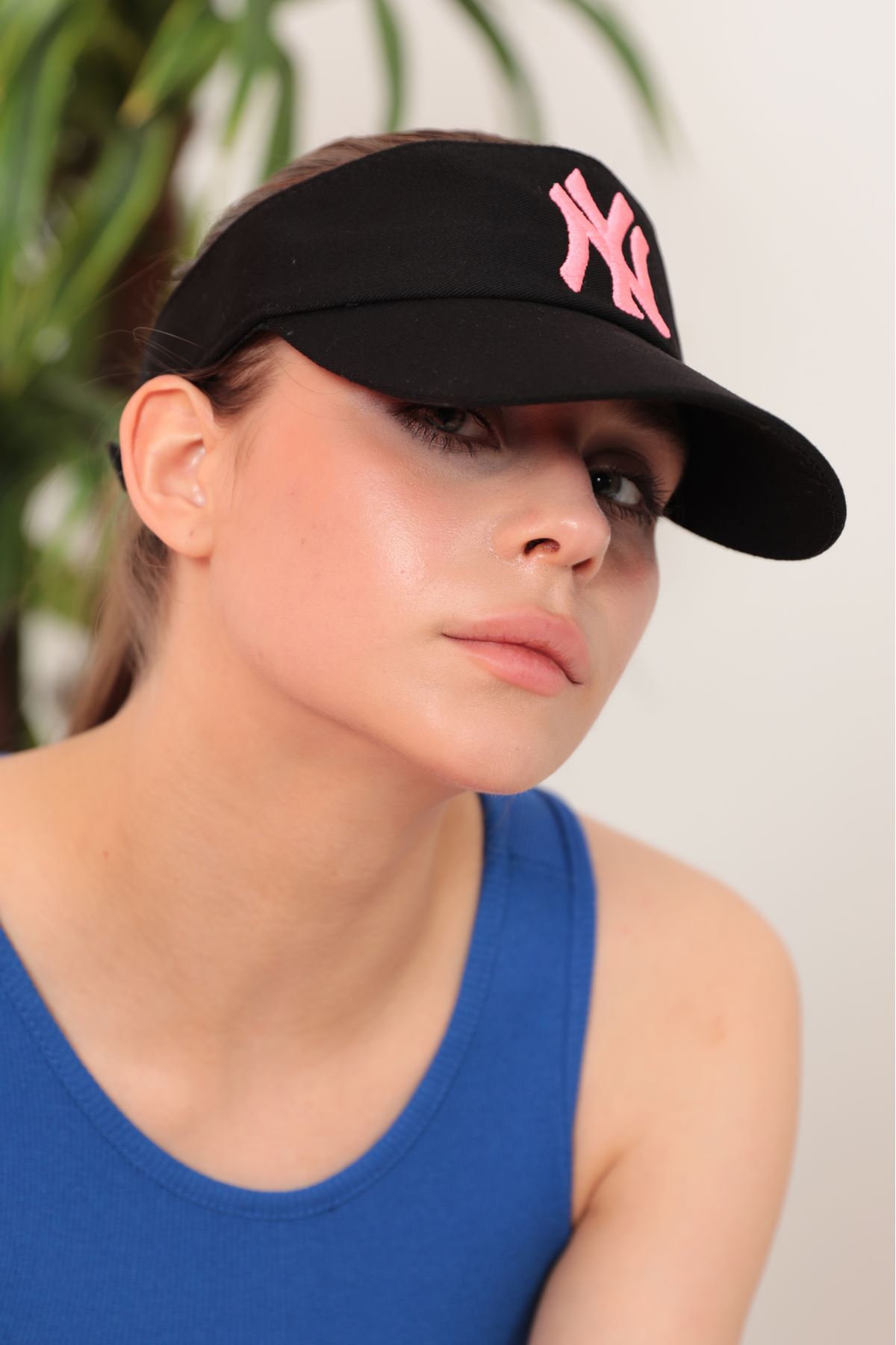 NY Embroidered Black Visor Cap-Fuchia