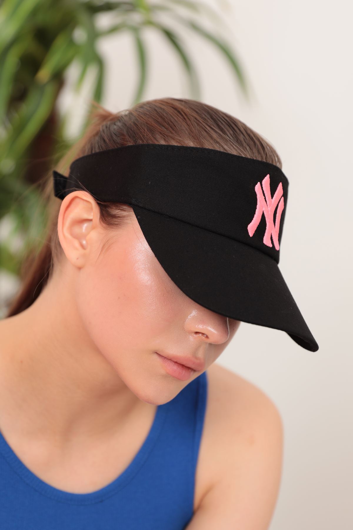 NY Embroidered Black Visor Cap-Fuchia