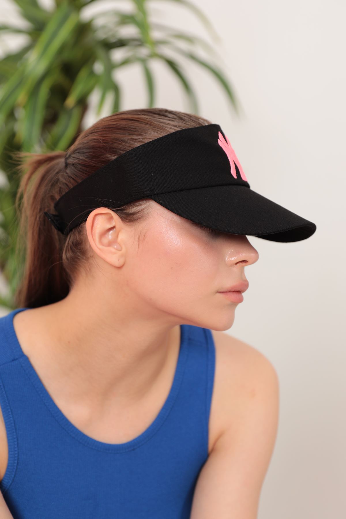 NY Embroidered Black Visor Cap-Fuchia