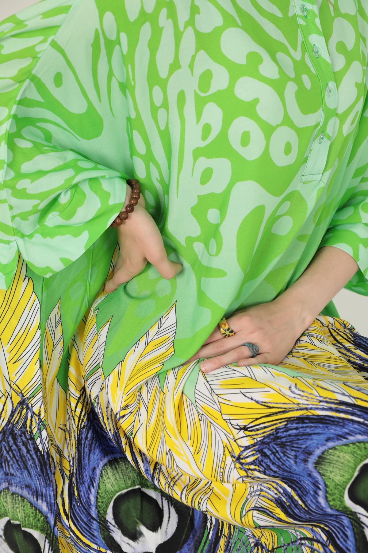 Etnik Desen Oversize Kadın Viskon Elbise-Yeşil