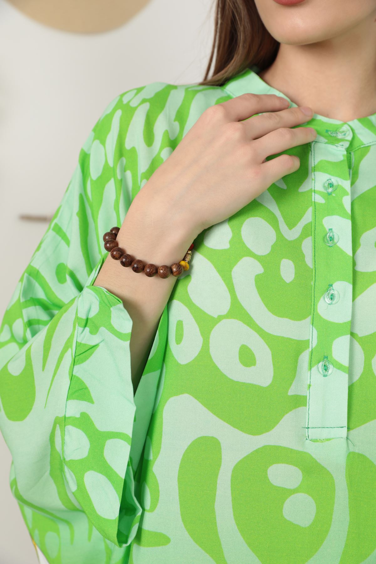 Etnik Desen Oversize Kadın Viskon Elbise-Yeşil