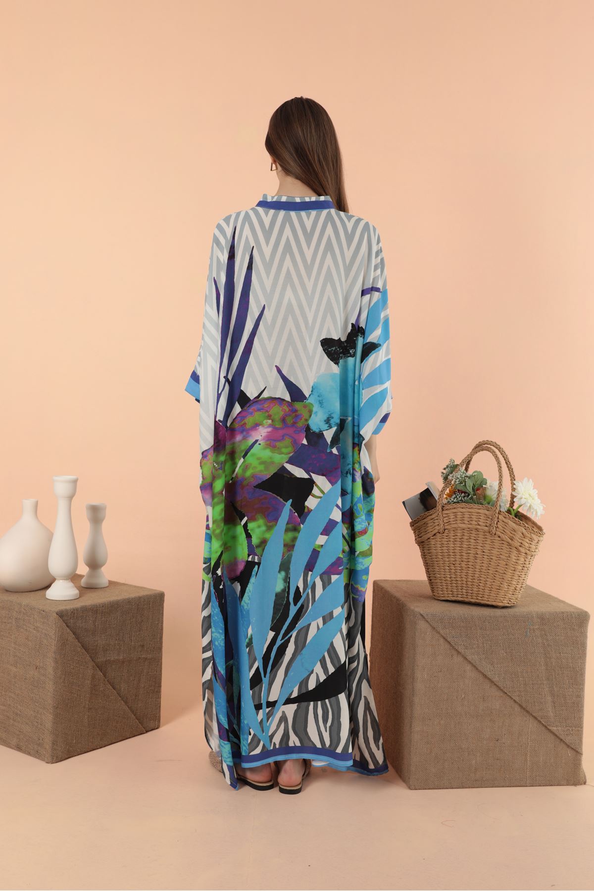 Büyük Çiçek Desen Oversize Kadın Viskon Elbise-Mavi