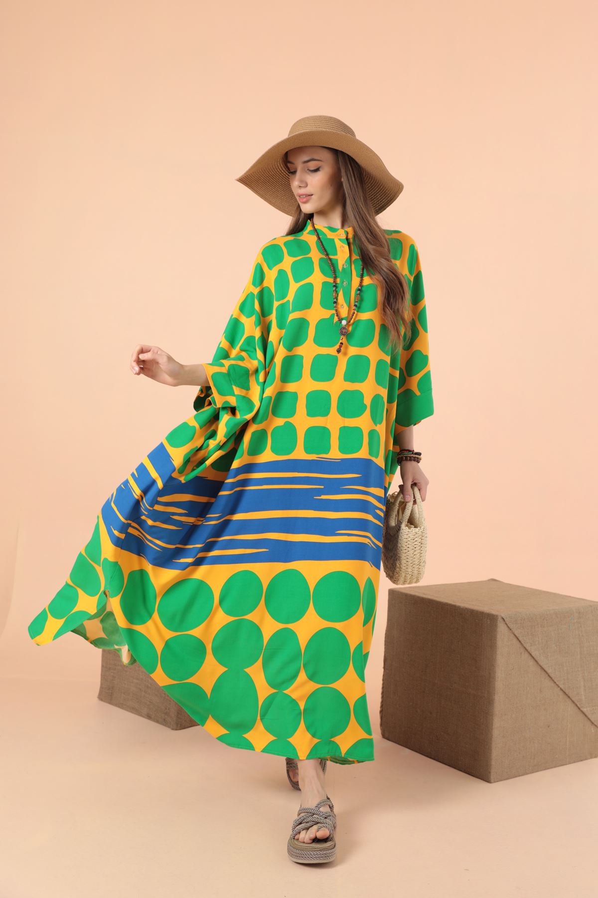 Geometrik Desen Salaş Kadın Viskon Elbise-Oranj