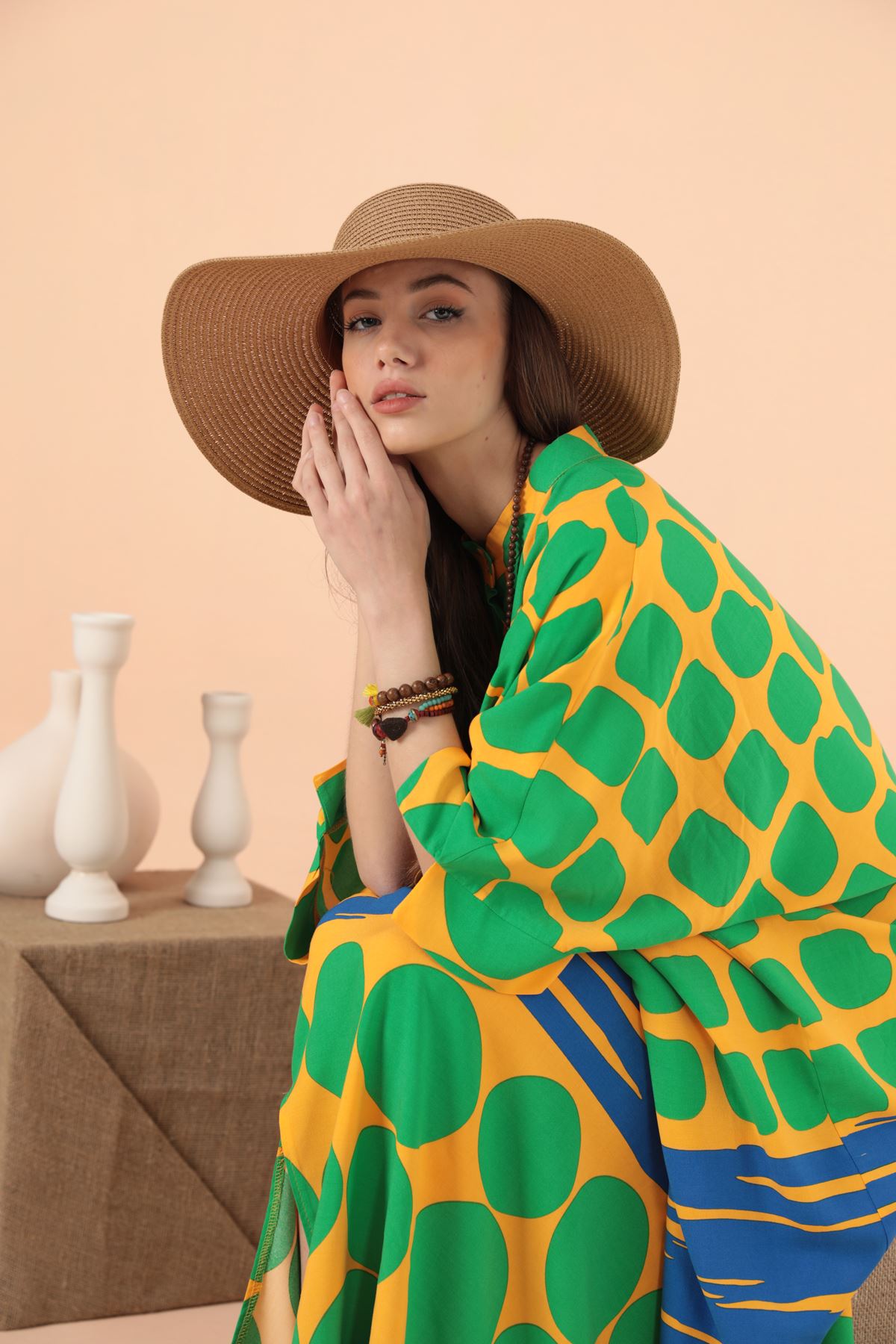 Geometrik Desen Salaş Kadın Viskon Elbise-Oranj