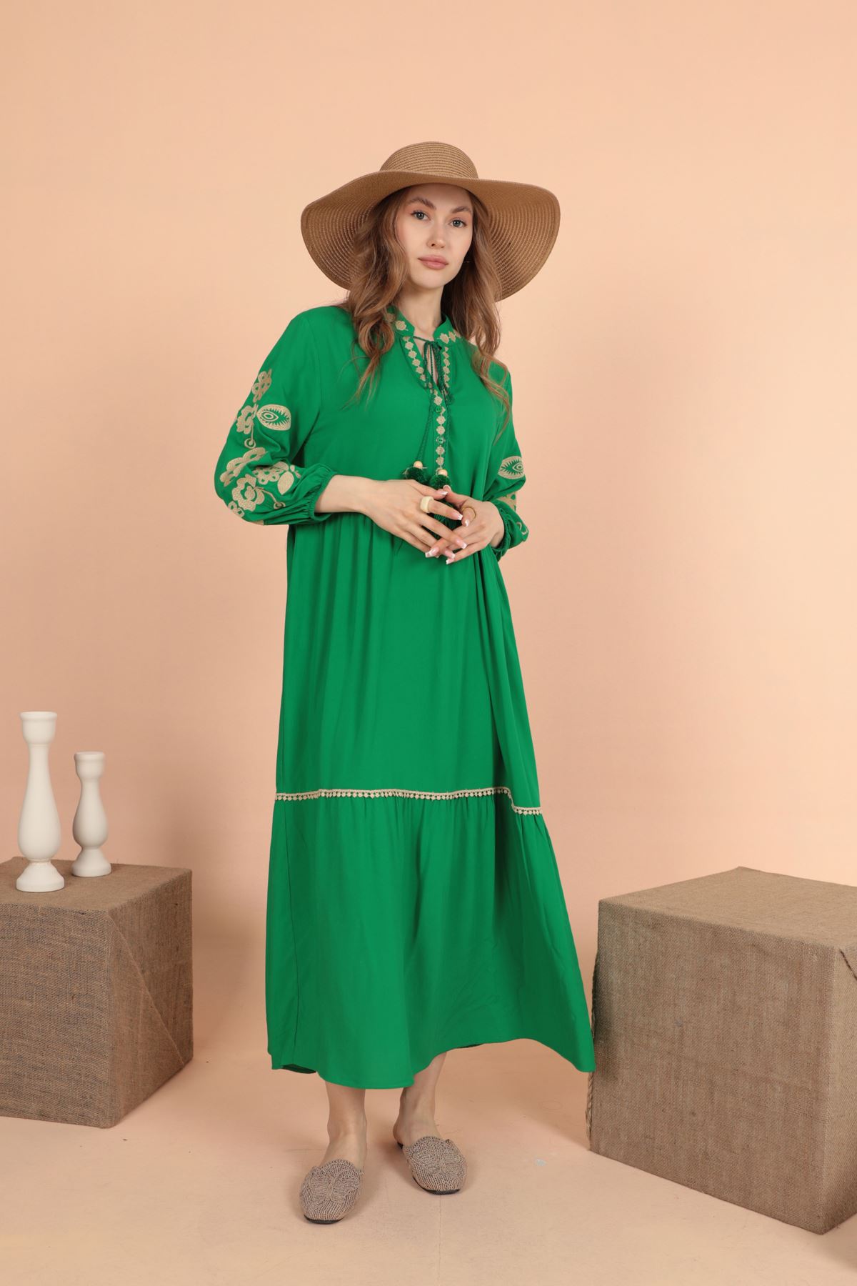 kaktus maxi dresses Kaktus Red Palm Cotton Puff Sleeve Dress - Red Multicolor