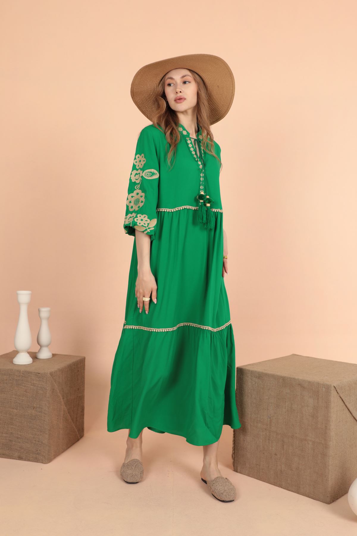 Floral Embroidery Detailed Viscose Long Dress-Green Floral Embroidery Detailed Viscose Long Dress-Green